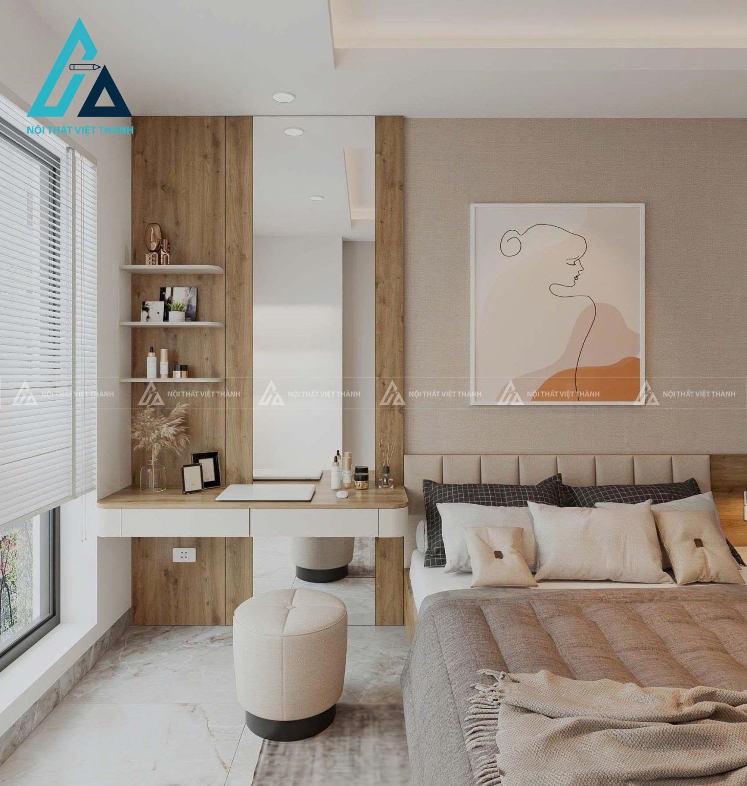 Combo phòng ngủ biệt thự hiện đại tích hợp bàn trang điểm và tủ quần áo 2