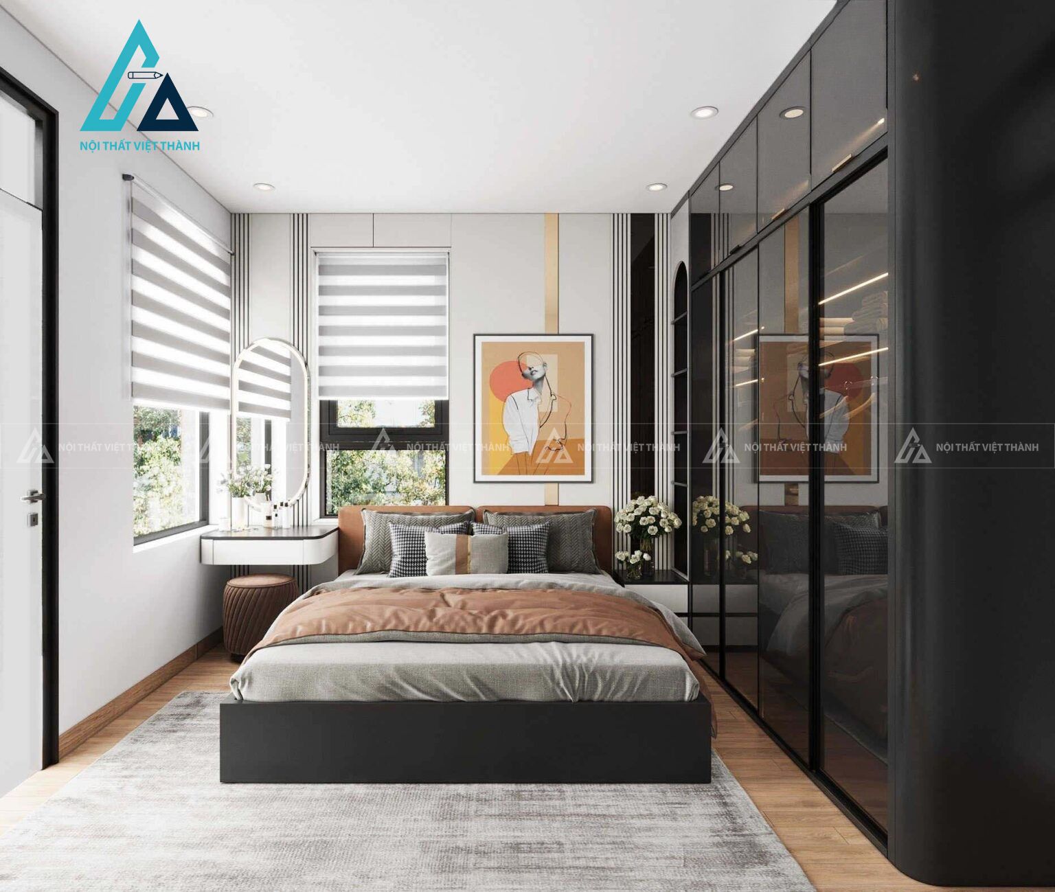 Combo phòng ngủ hiện đại đồng bộ gỗ cao cấp tích hợp tủ áo cánh kính 1