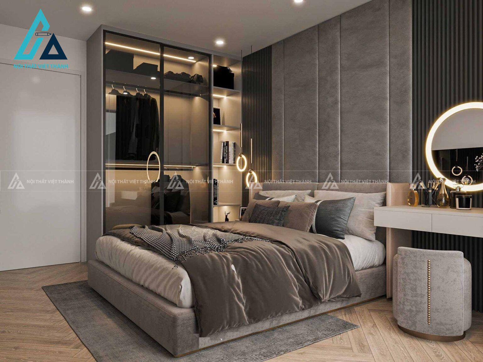 Combo nội thất phòng ngủ đẳng cấp gồm giường bọc da tủ áo cánh kính