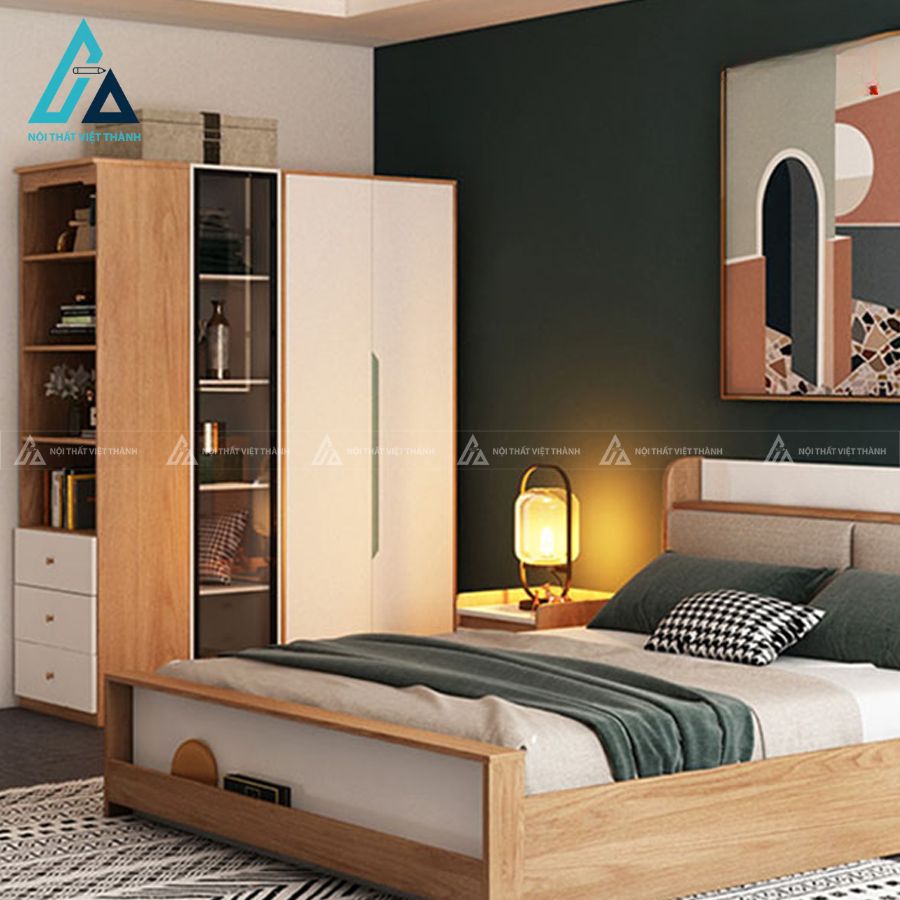 Combo phòng ngủ gỗ hiện đại tích hợp giường có kệ đuôi và tủ cánh kính 4