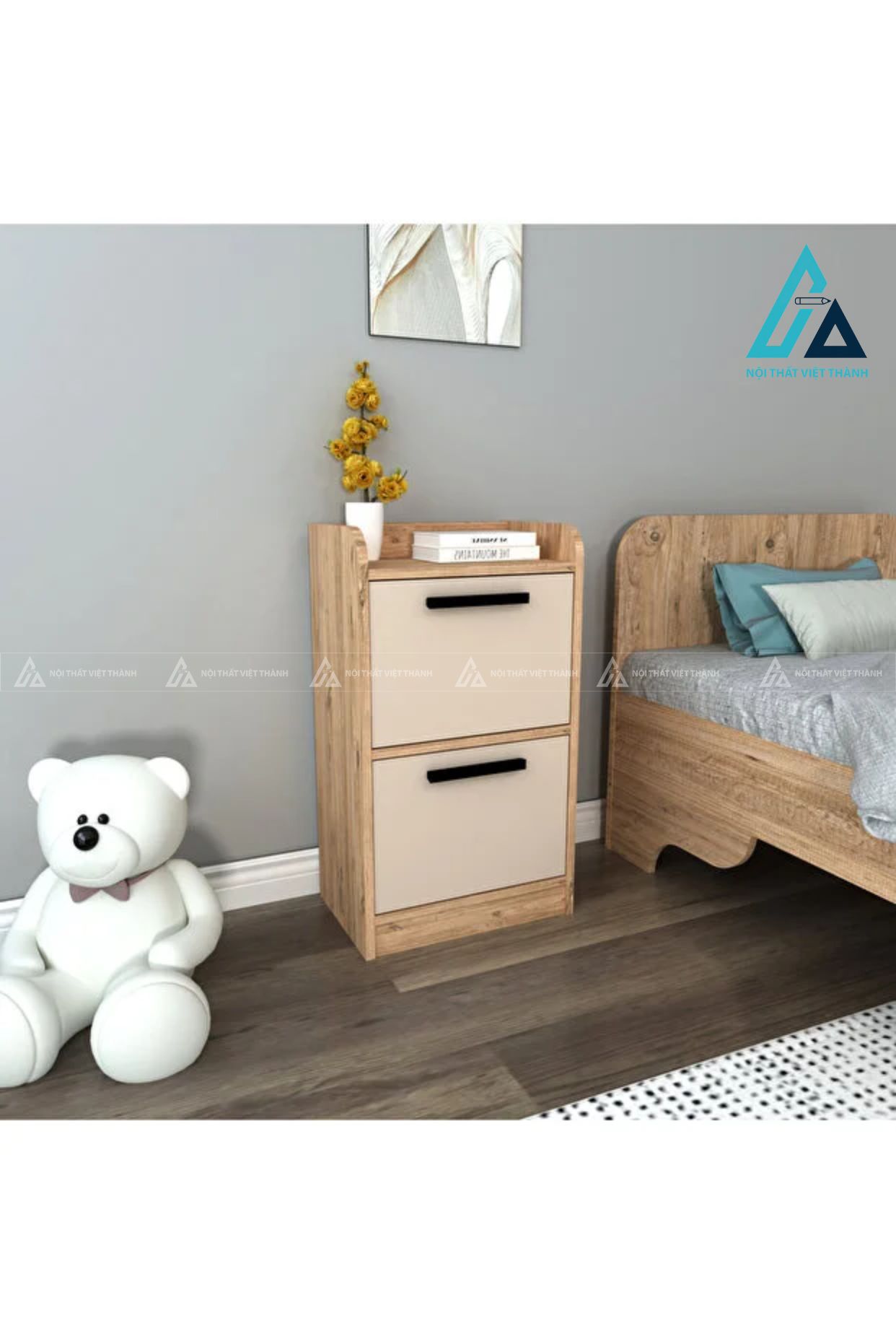 Combo phòng ngủ gỗ thiết kế kệ góc trang trí kết hợp bàn tiện lợi 2