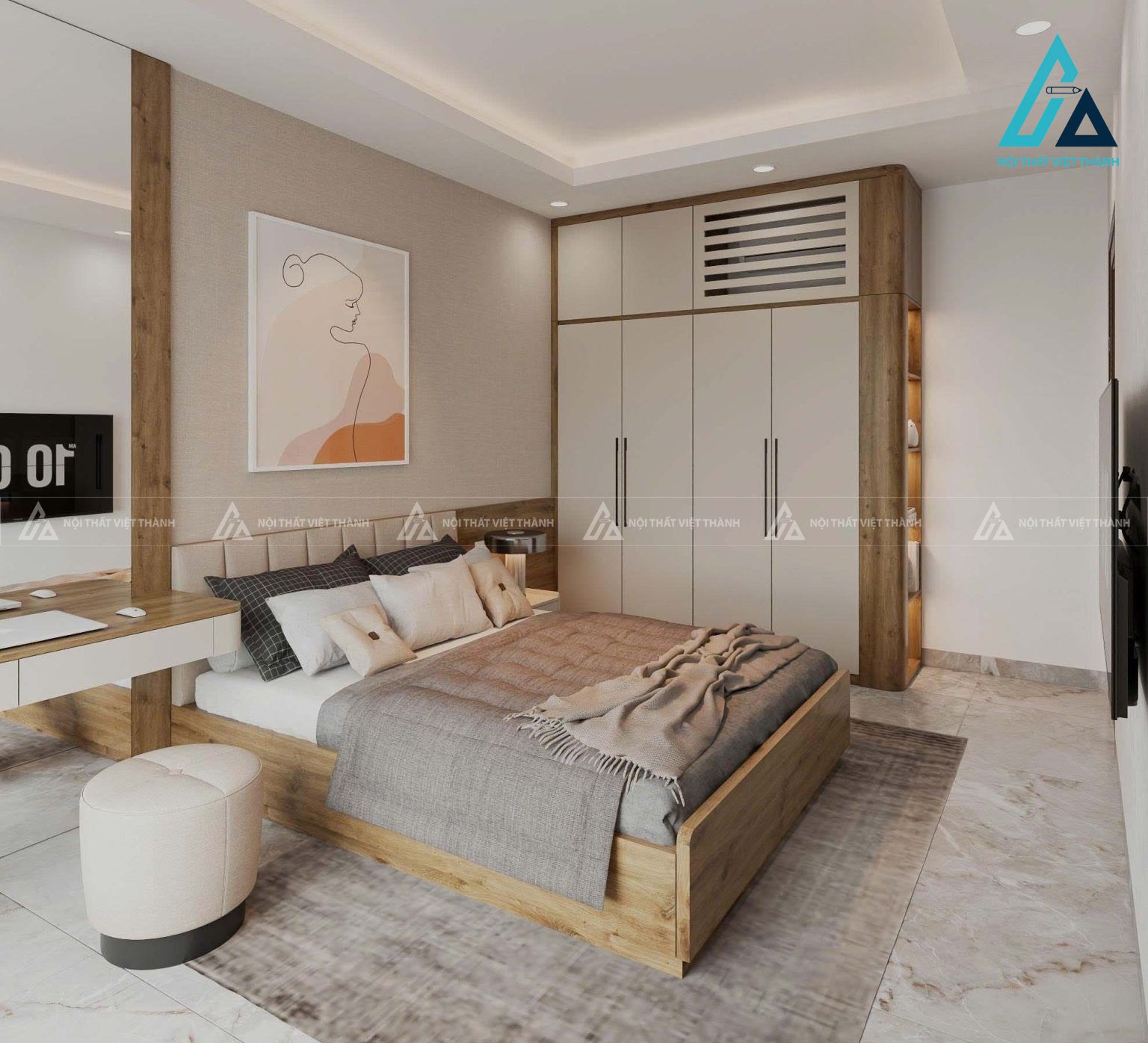 Combo phòng ngủ biệt thự hiện đại tích hợp bàn trang điểm và tủ quần áo