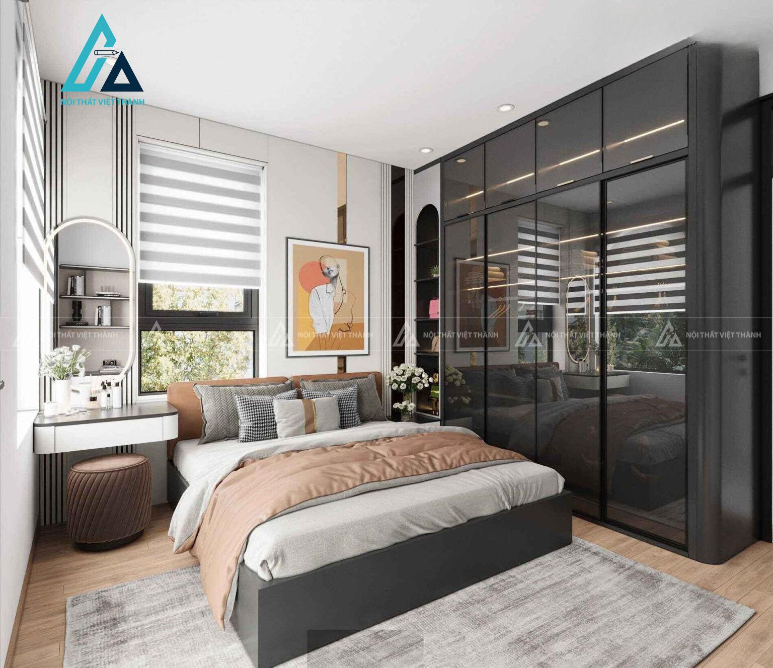 Combo phòng ngủ hiện đại đồng bộ gỗ cao cấp tích hợp tủ áo cánh kính 2