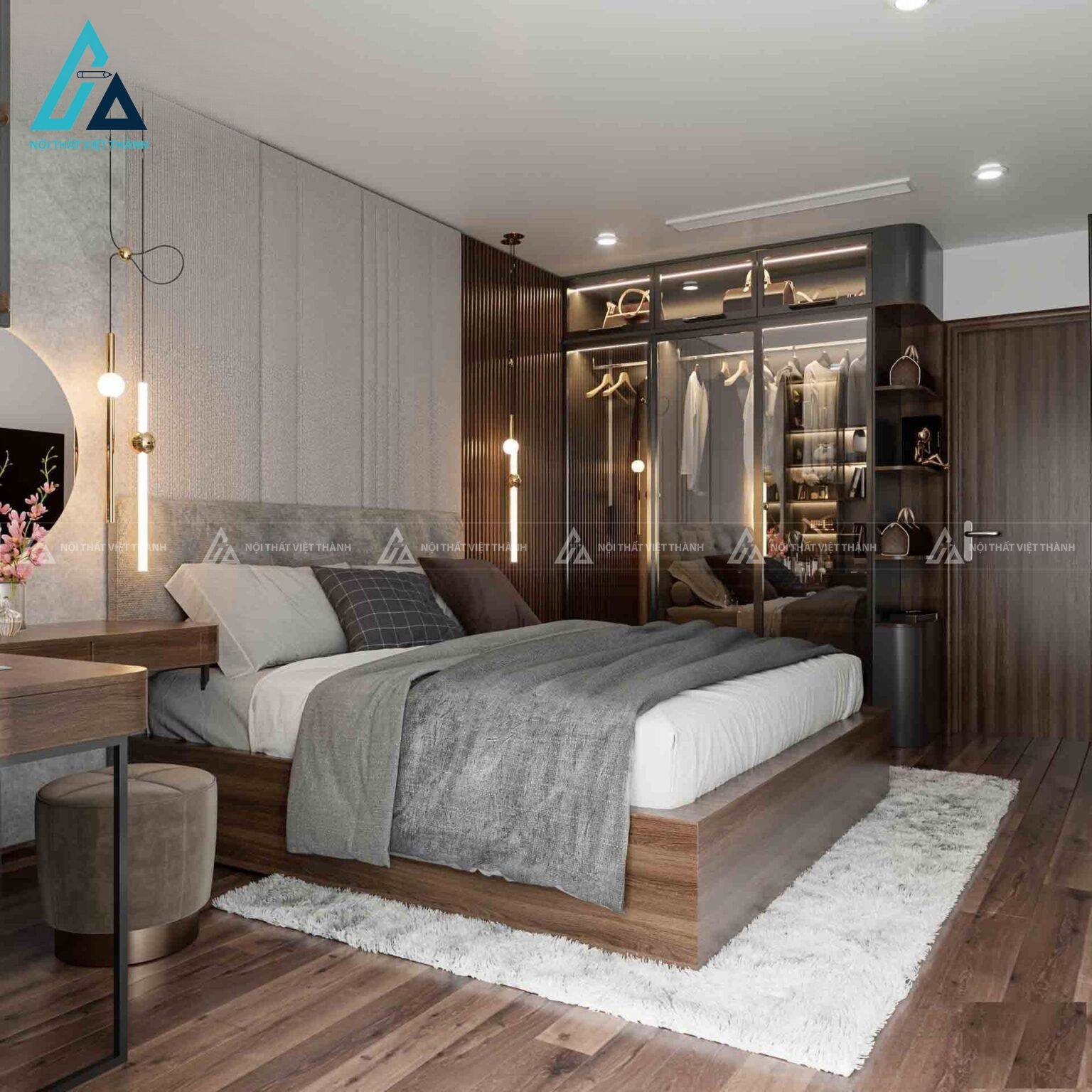 Combo phòng ngủ gỗ hiện đại sang trọng tích hợp tủ áo cánh kính 2