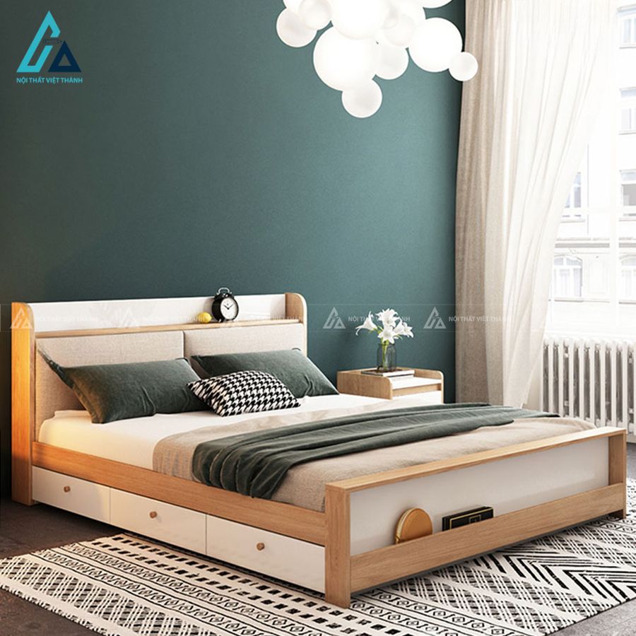 Combo phòng ngủ gỗ hiện đại tích hợp giường có kệ đuôi và tủ cánh kính 2