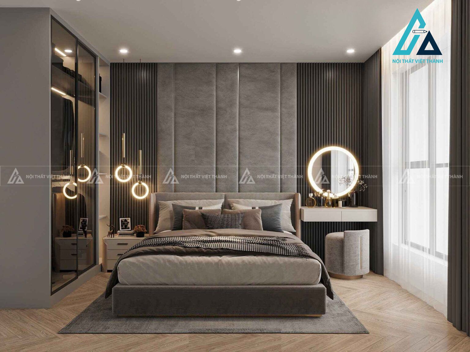 Combo nội thất phòng ngủ đẳng cấp gồm giường bọc da tủ áo cánh kính 2