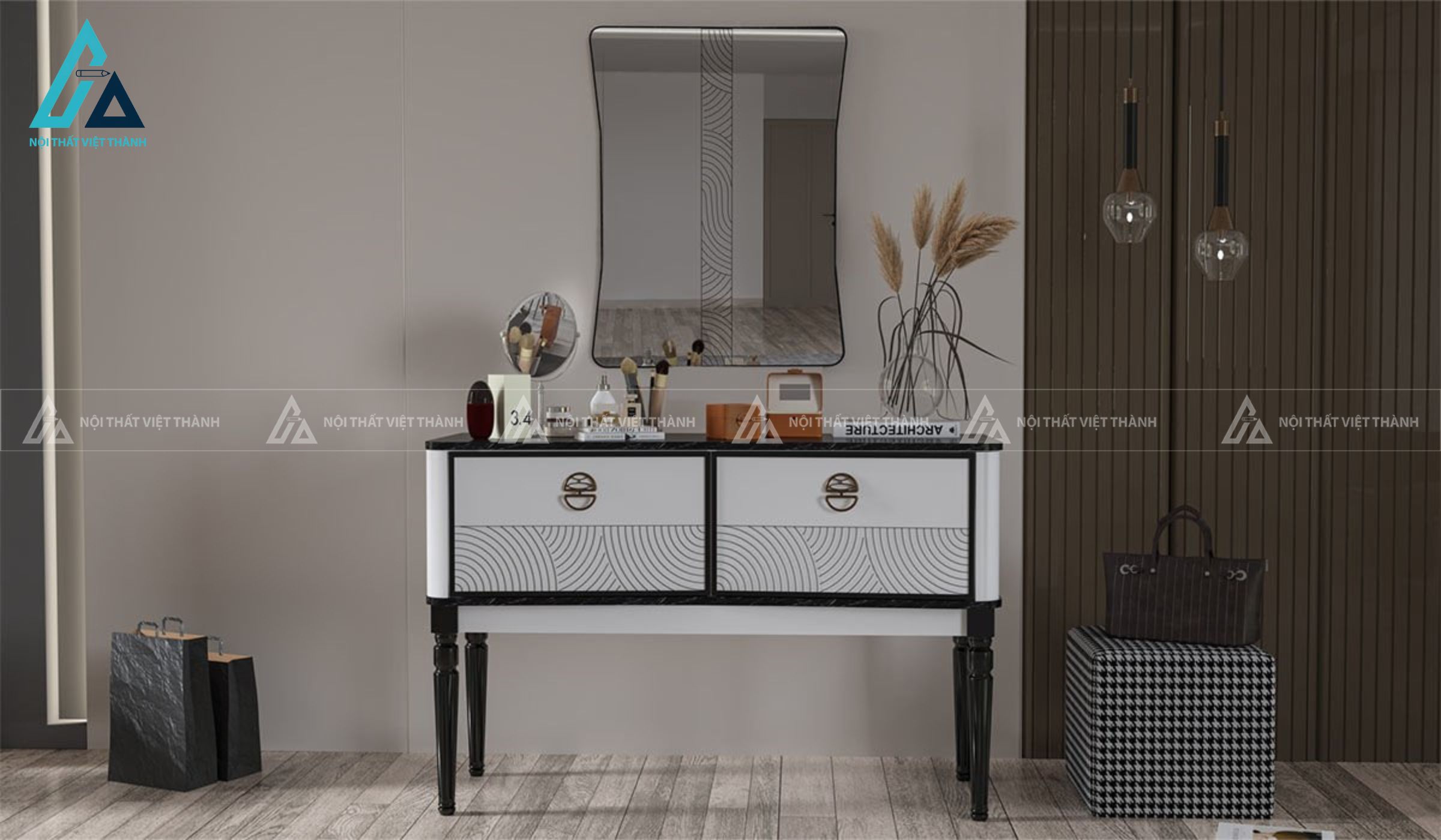 Combo phòng ngủ giường chân cao tủ quần áo và bàn phấn hiện đại 3