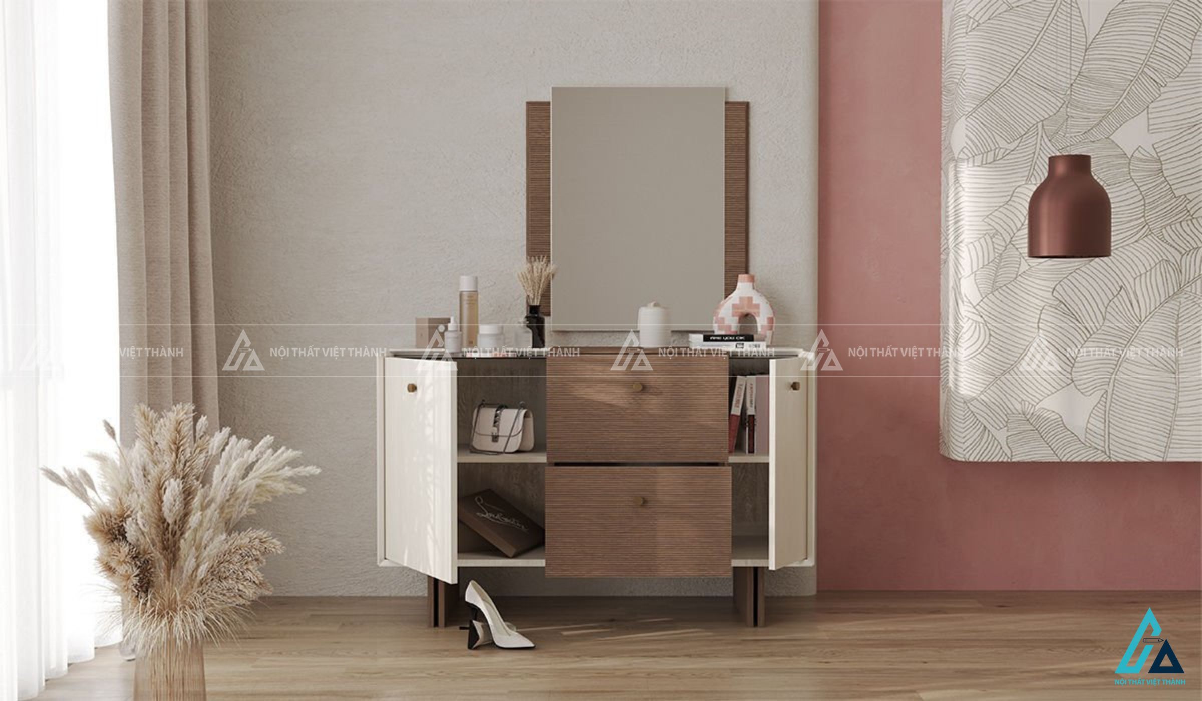 Combo phòng ngủ giường đầu nệm múi dọc tủ áo cánh gương và tủ trang trí 3