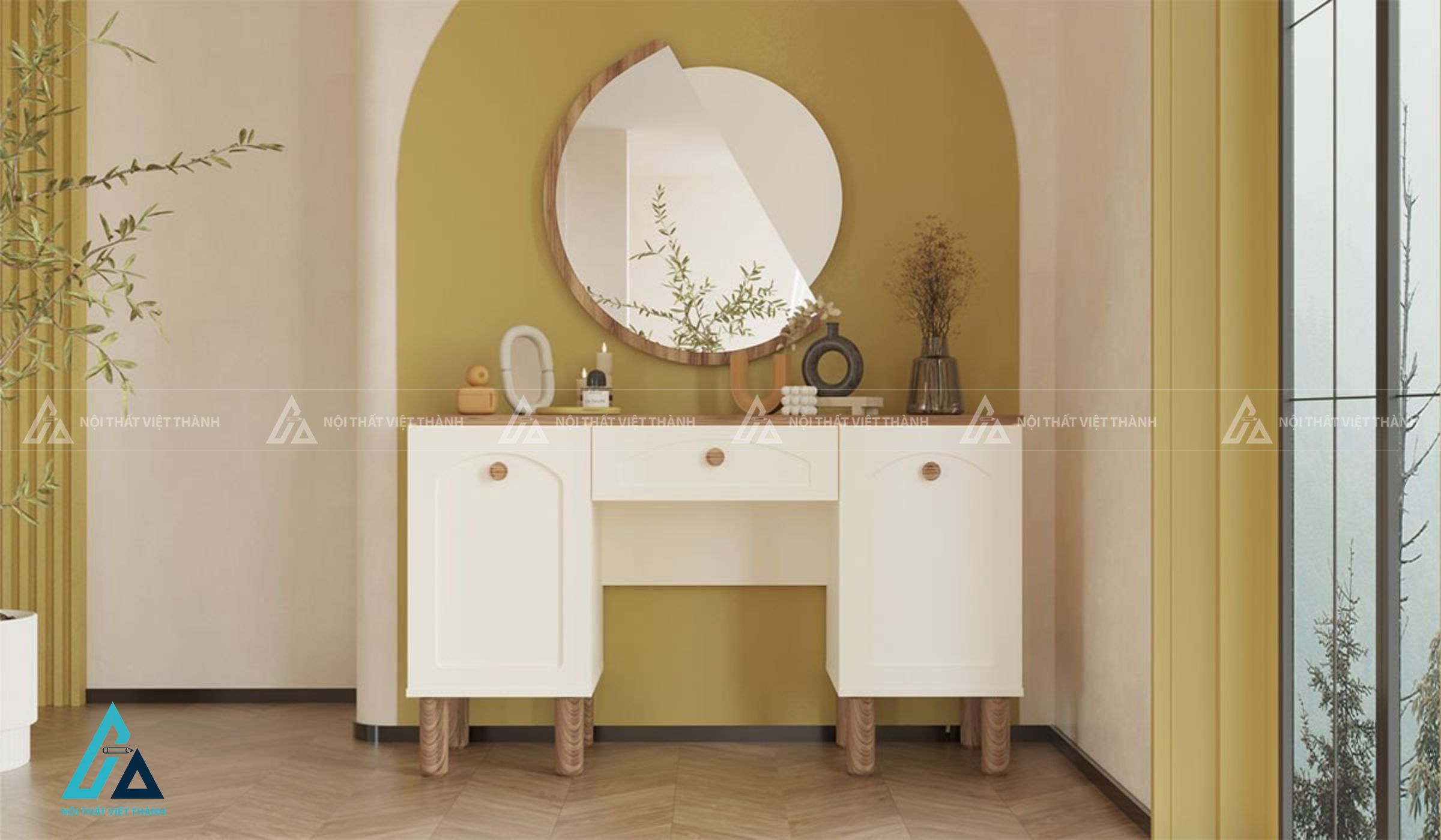 Combo phòng ngủ gỗ thiết kế tủ áo sát trần cánh kính sọc và bàn phấn 3