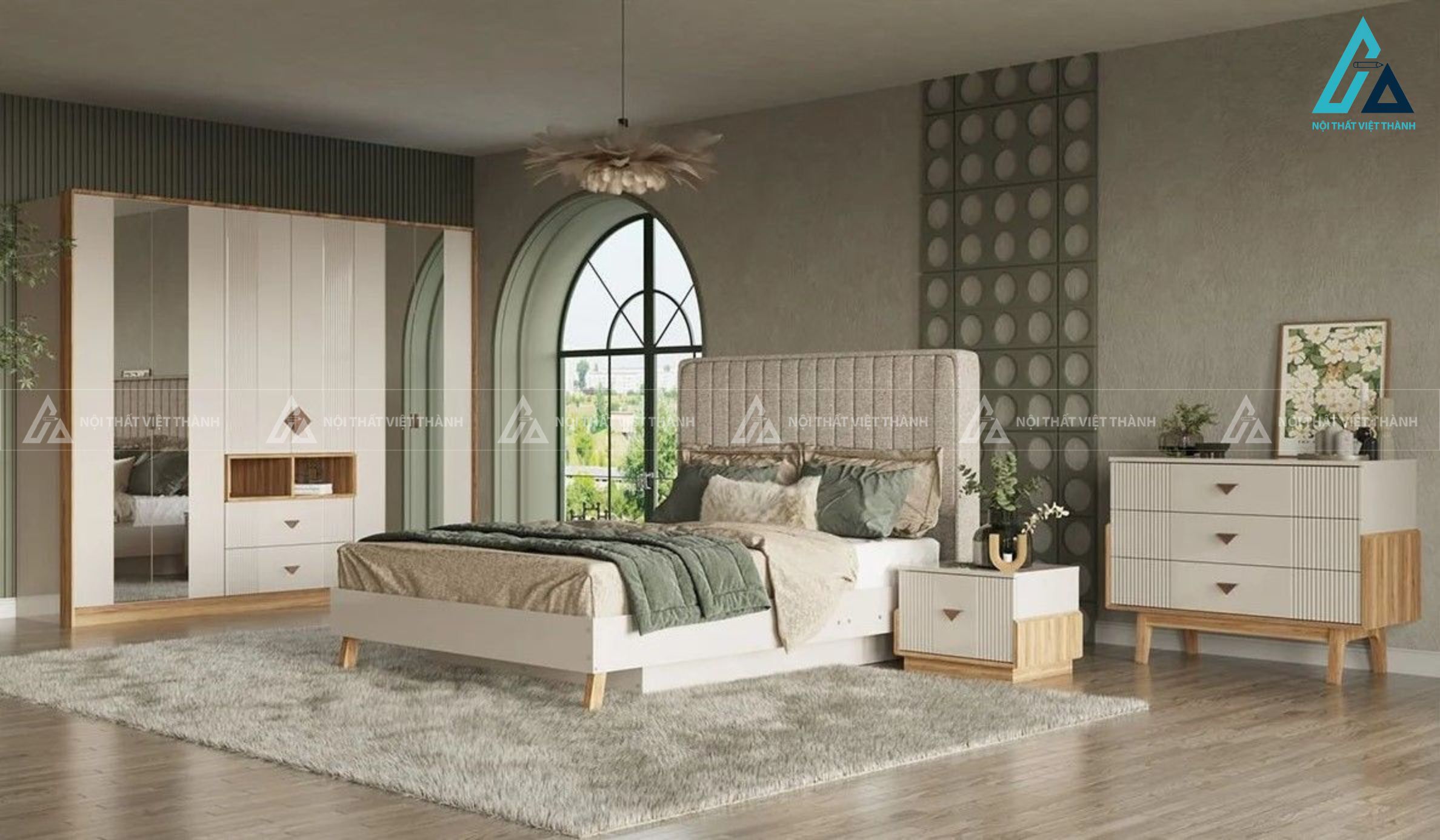 Combo phòng ngủ gỗ hiện đại tích hợp tủ áo cánh gương và tủ ngăn kéo
