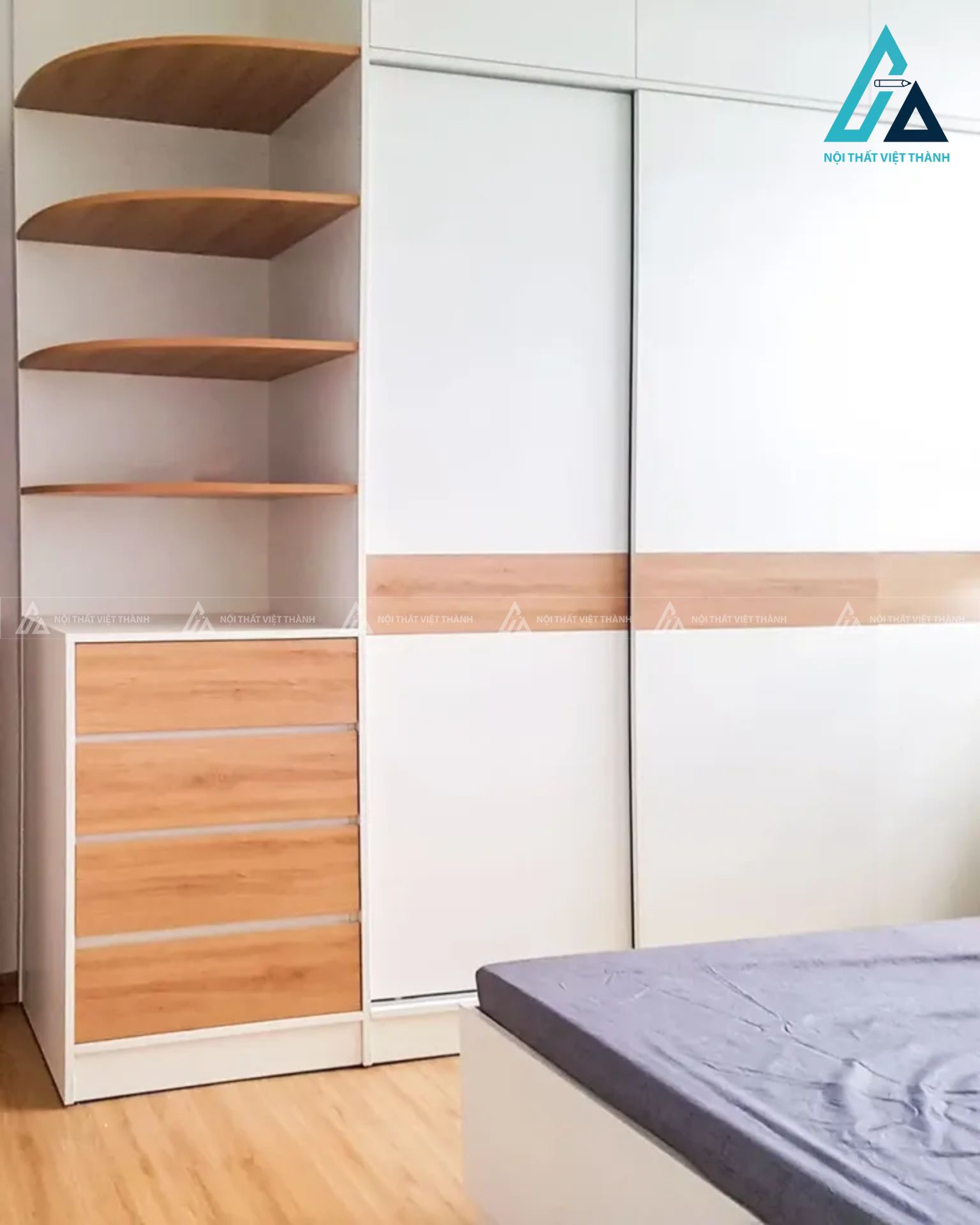 Combo phòng ngủ tích hợp tủ quần áo kịch trần và kệ trang trí bo góc 3
