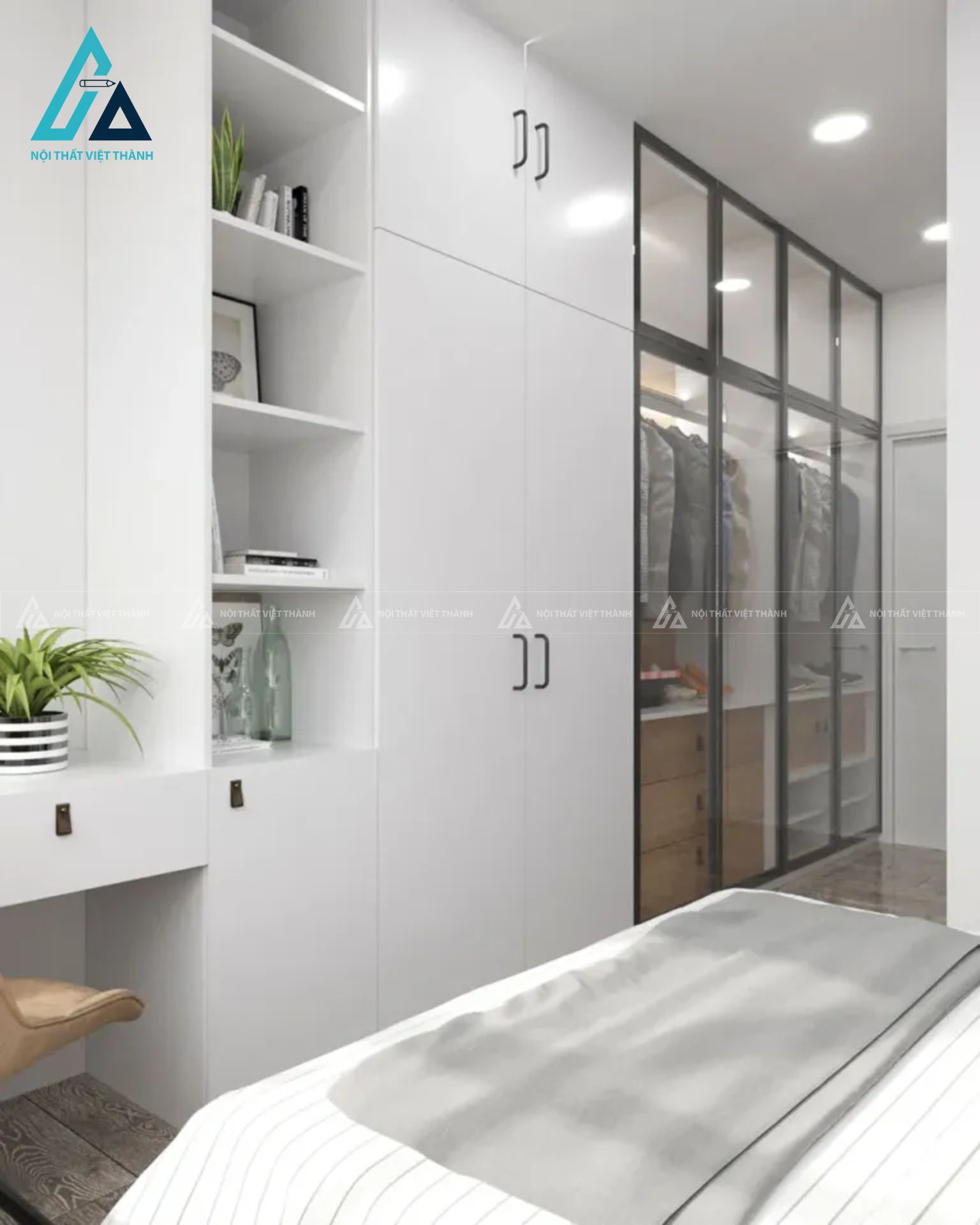Combo phòng ngủ hiện đại tông trắng xanh tích hợp bàn trang điểm treo tường 3
