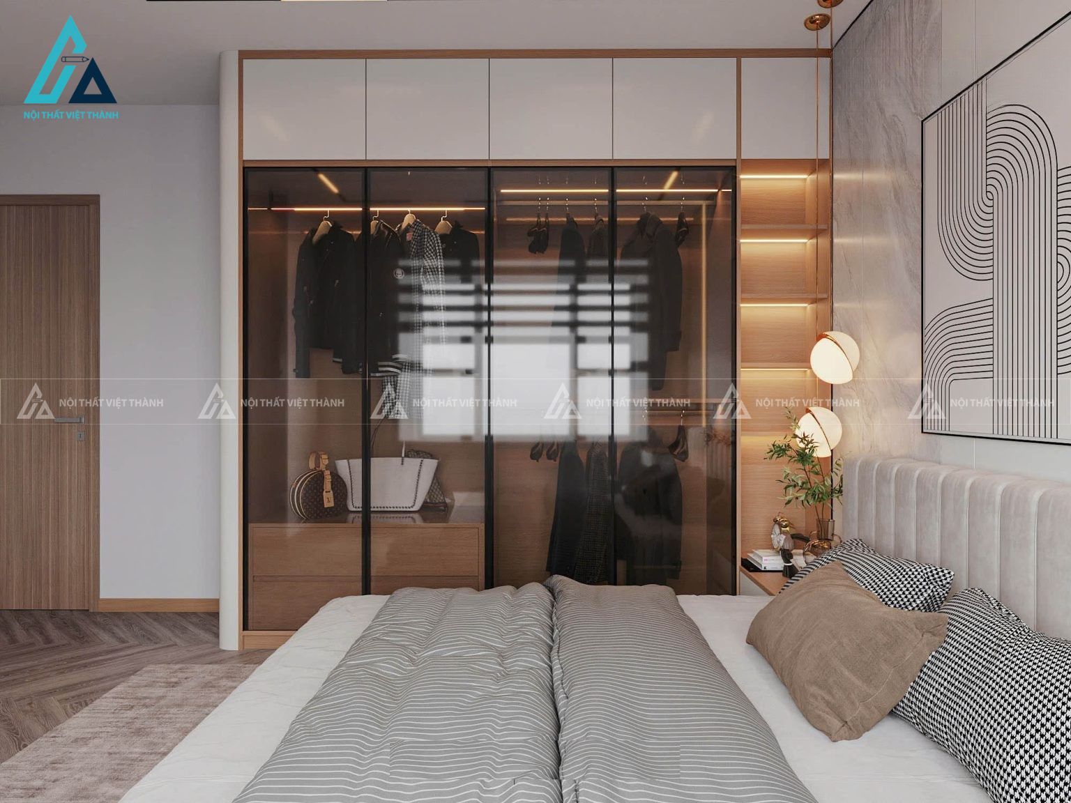 Combo nội thất phòng ngủ đẳng cấp tích hợp tủ áo cánh kính kịch trần 3