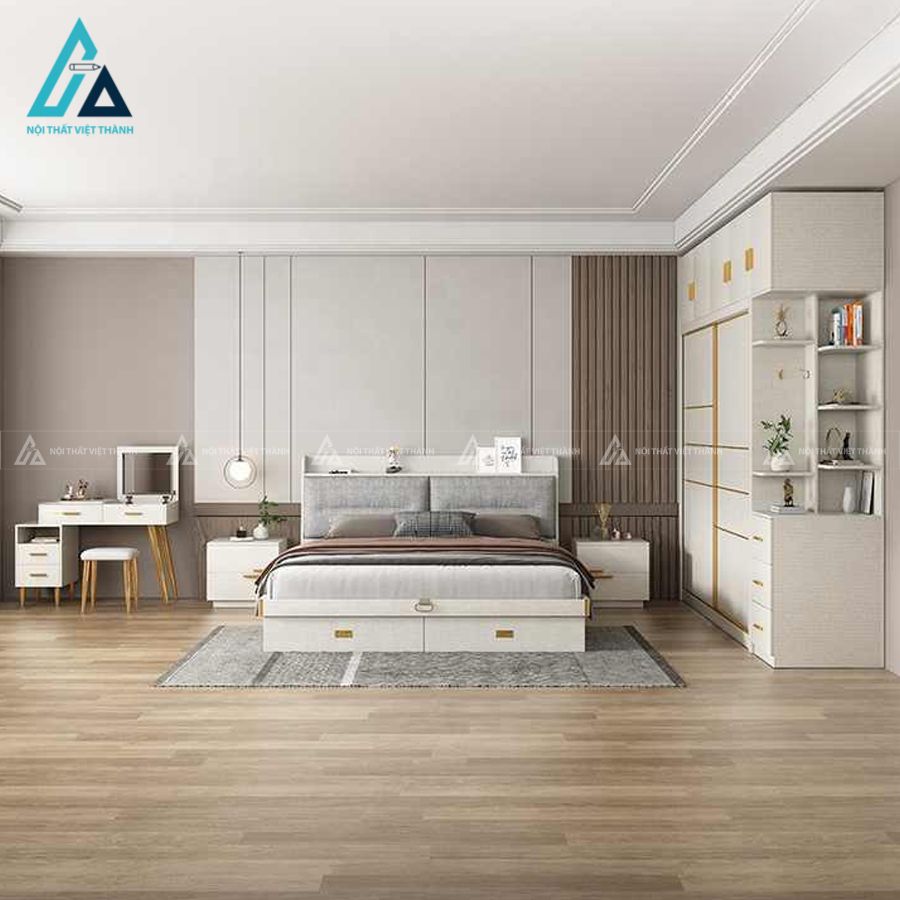 Combo phòng ngủ gỗ hiện đại tích hợp giường có hộc kéo và tủ kịch trần