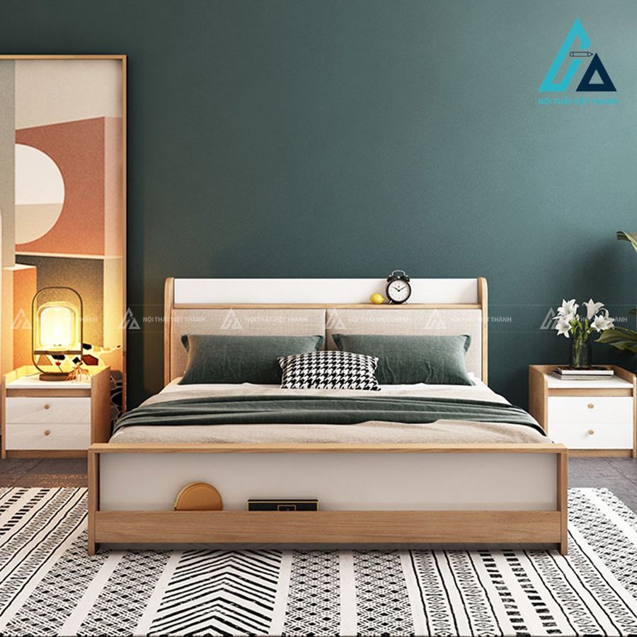 Combo phòng ngủ gỗ hiện đại tích hợp giường có kệ đuôi và tủ cánh kính 3