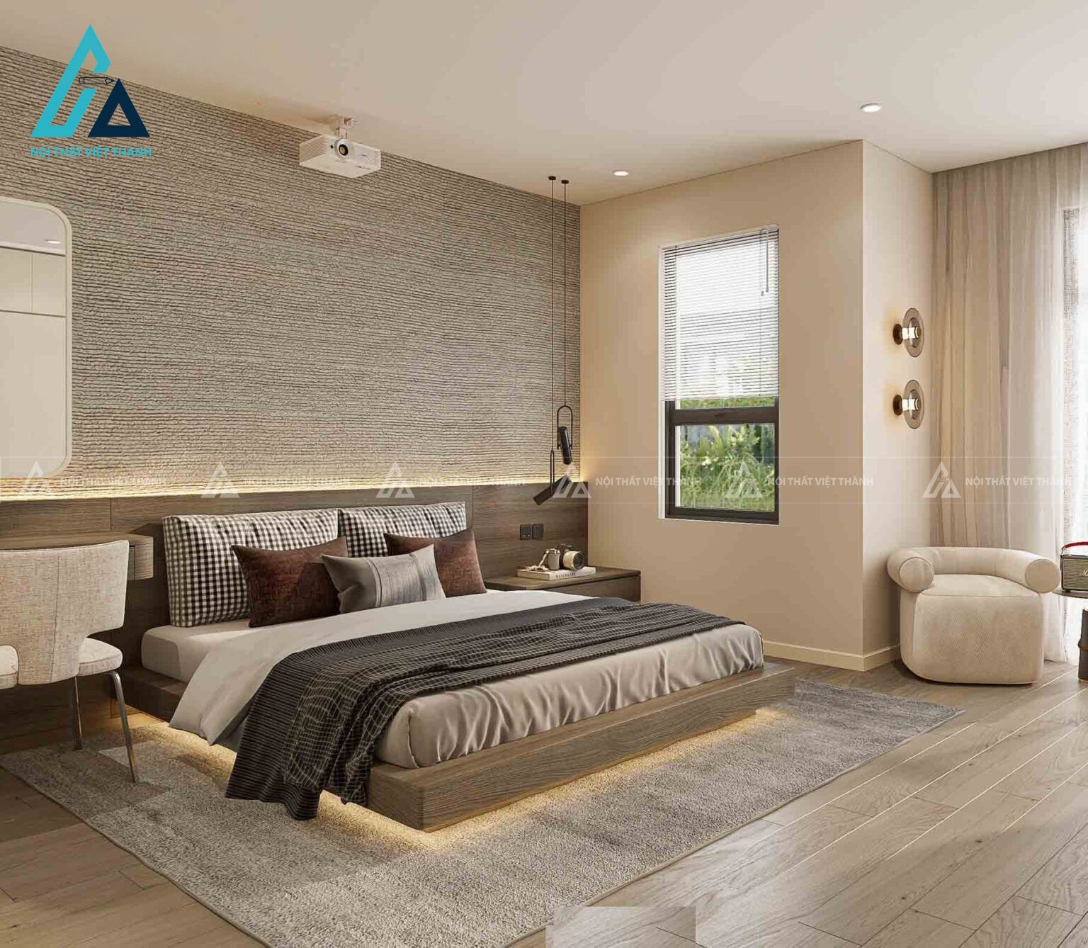 Combo phòng ngủ hiện đại tối giản tích hợp giường ngủ đèn led gầm
