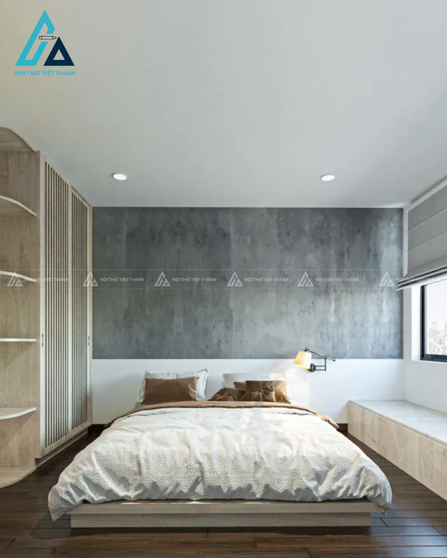 Bộ nội thất phòng ngủ tối giản tích hợp giường bệt và ghế băng cạnh cửa sổ