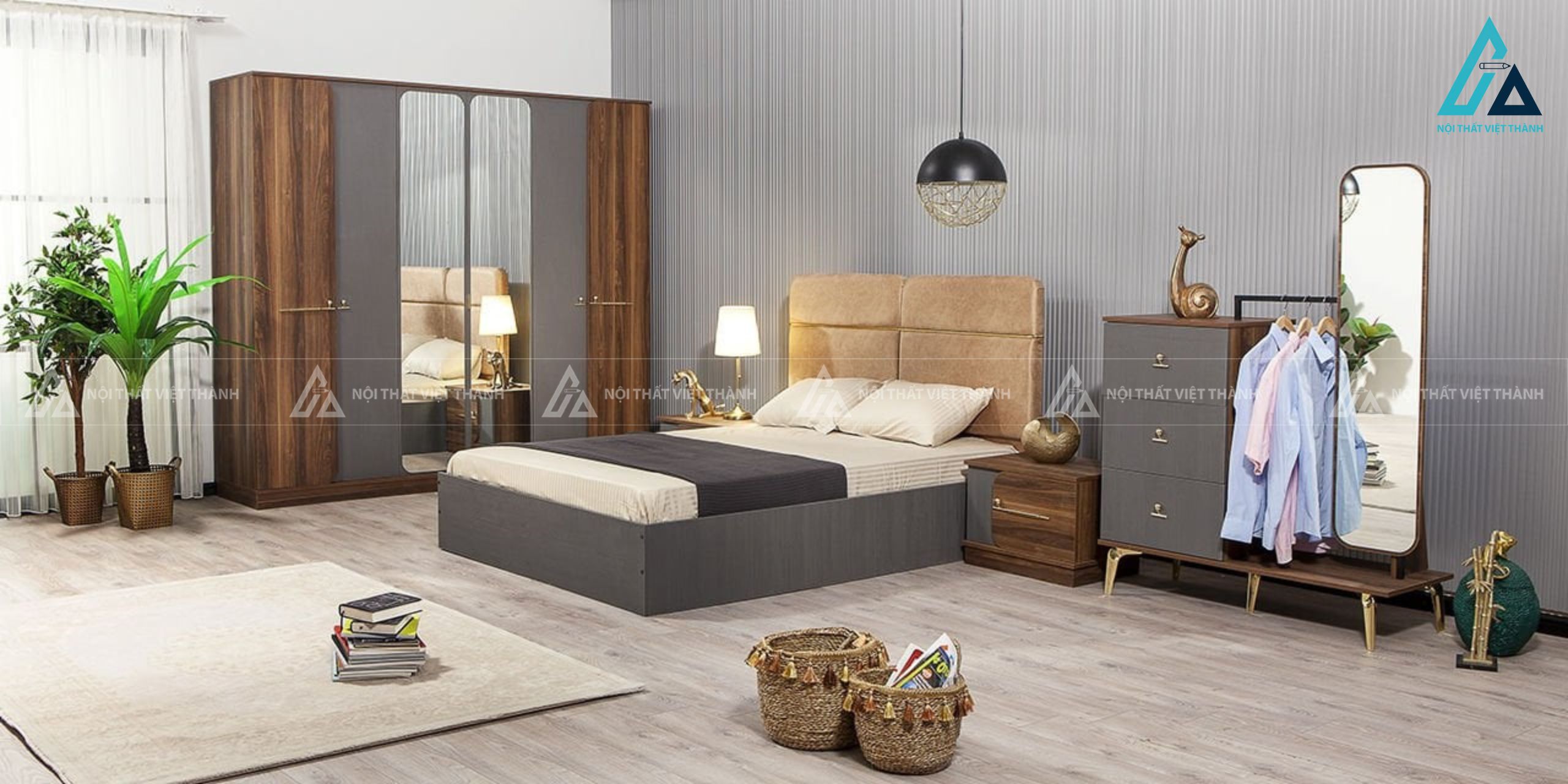 Combo phòng ngủ hiện đại thiết kế tủ áo kịch trần và cây treo quần áo