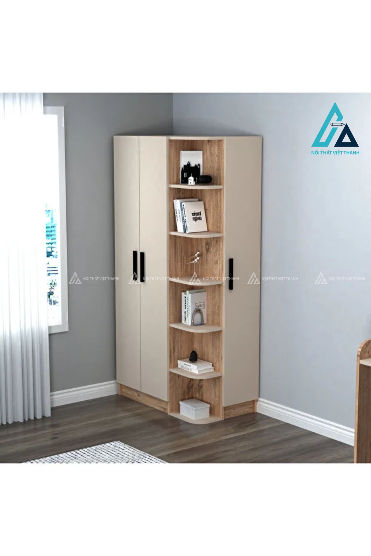 Combo phòng ngủ gỗ thiết kế kệ góc trang trí kết hợp bàn tiện lợi 4