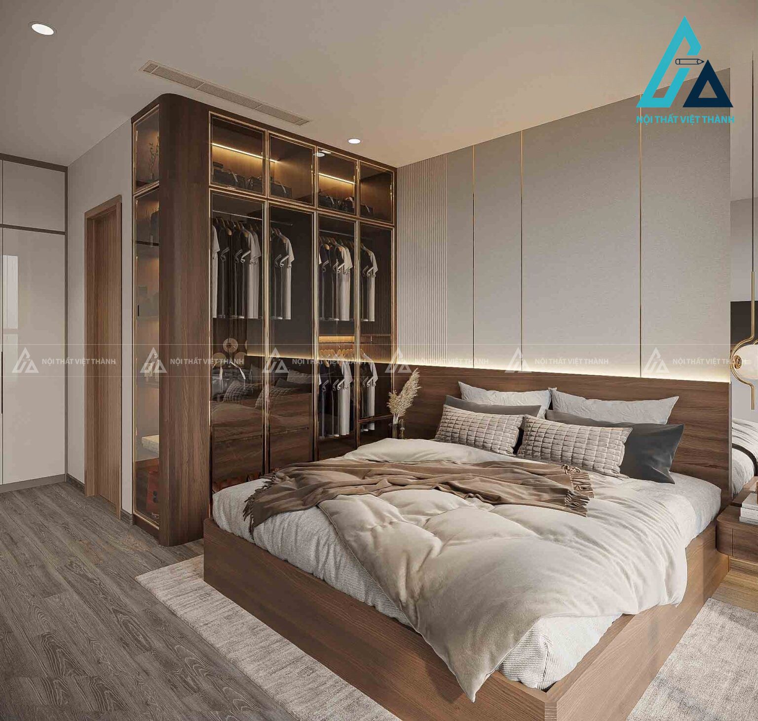 Combo nội thất phòng ngủ đẳng cấp tích hợp tủ áo cánh kính đèn led 3