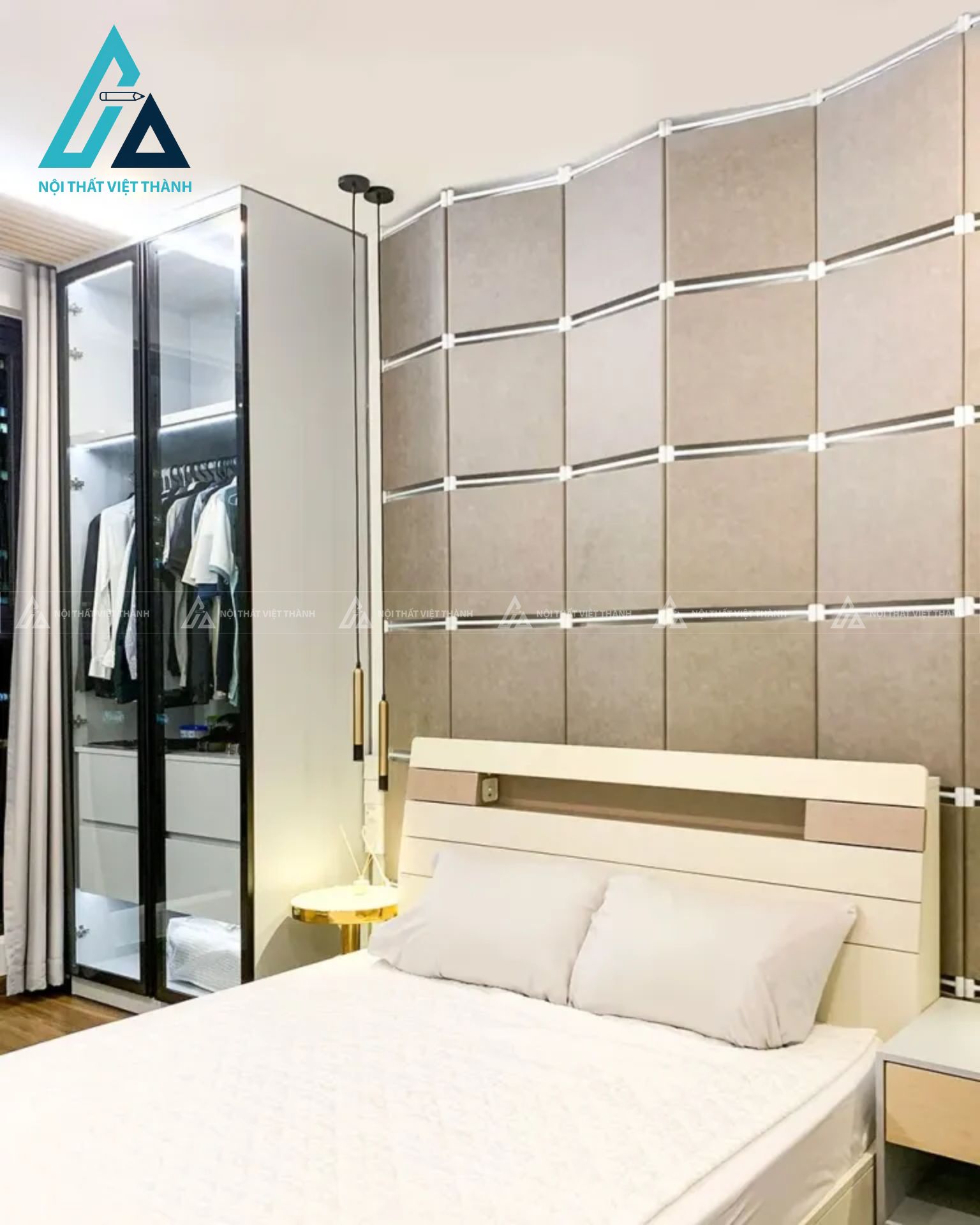 Combo phòng ngủ bắc âu cao cấp tích hợp vách ốp da và tủ cánh kính 4
