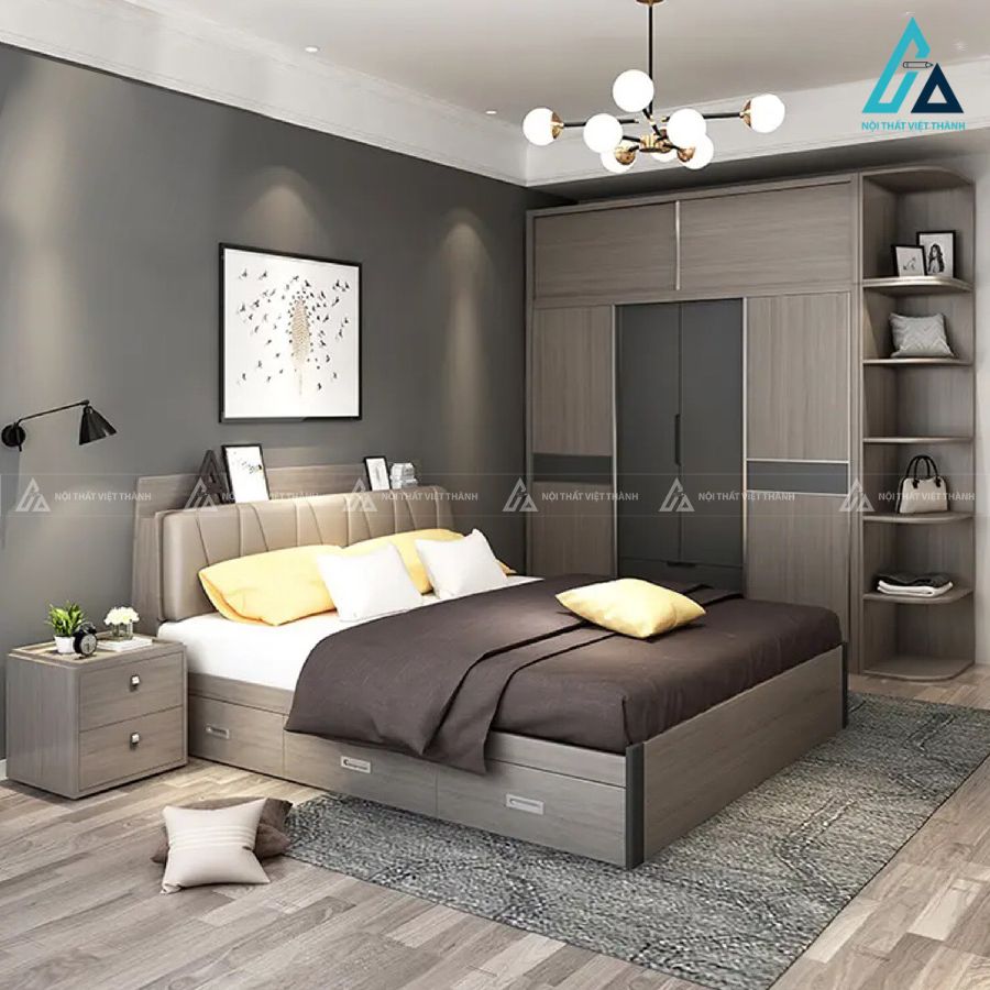 Combo phòng ngủ gỗ hiện đại tích hợp tủ cánh lùa kèm bàn phấn