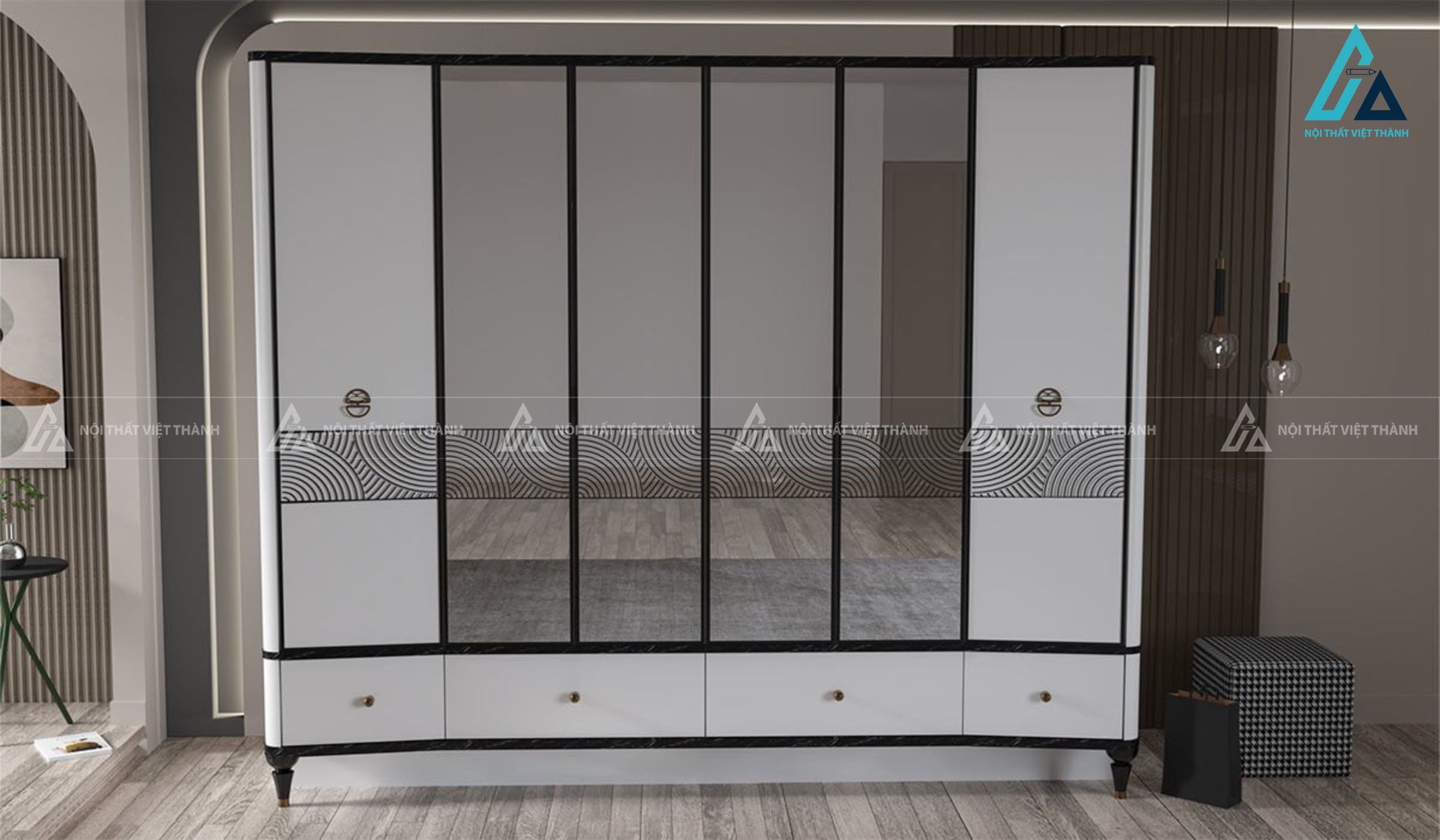 Combo phòng ngủ giường chân cao tủ quần áo và bàn phấn hiện đại 4