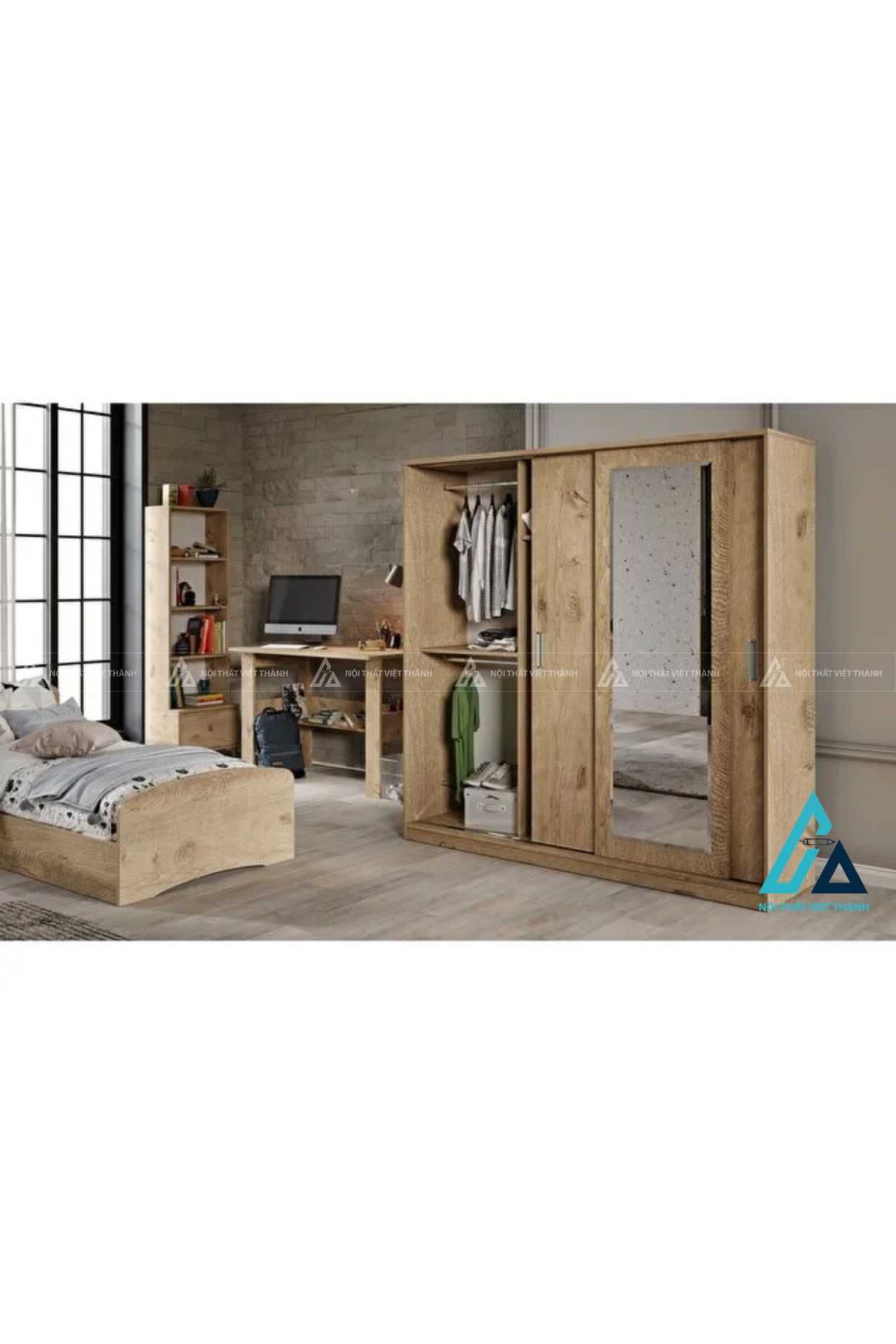 Combo phòng ngủ master thiết kế giường đầu nệm liền vách ốp nan dọc 3