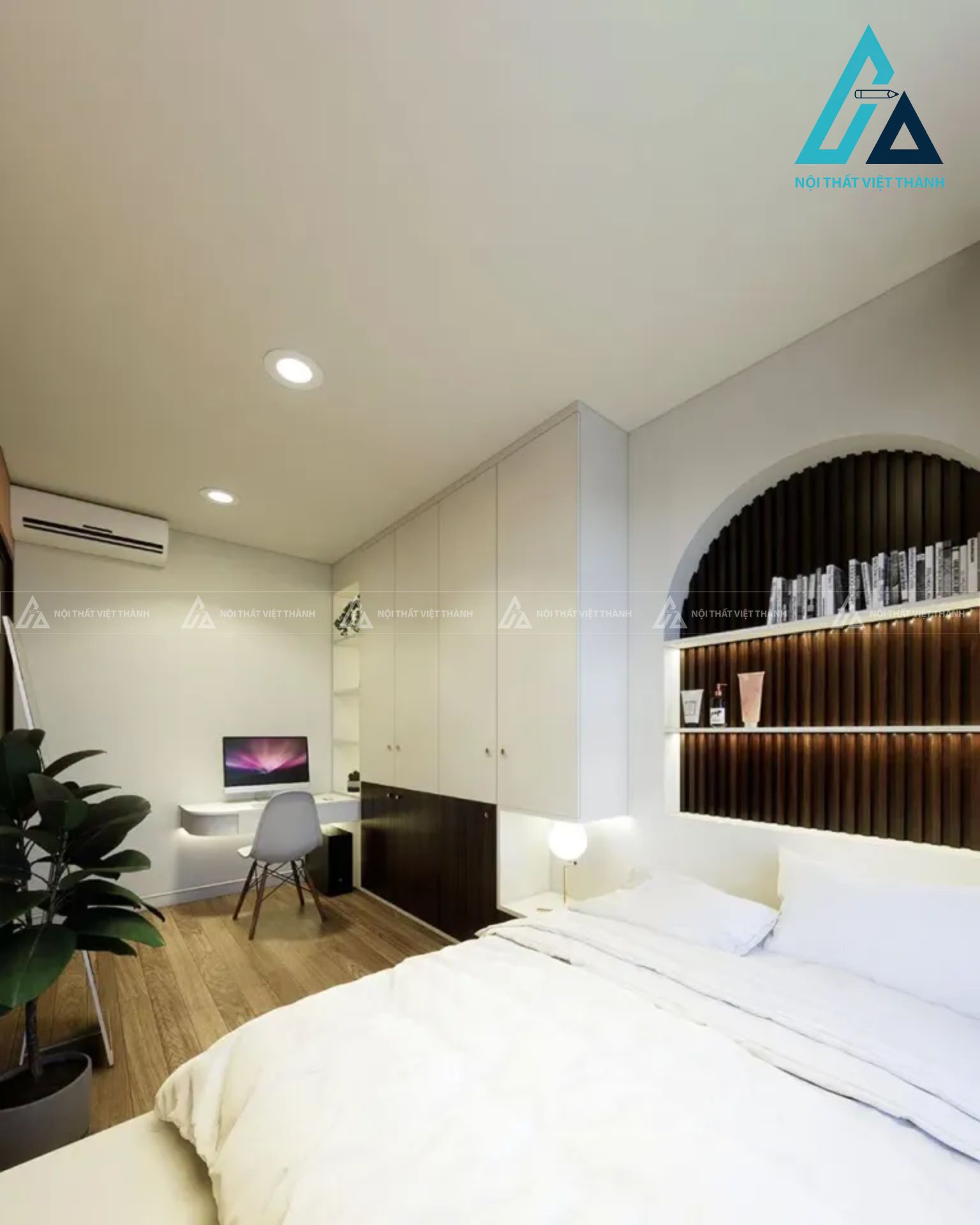 Combo phòng ngủ đương đại tích hợp giường dạng phản và kệ sách vòm