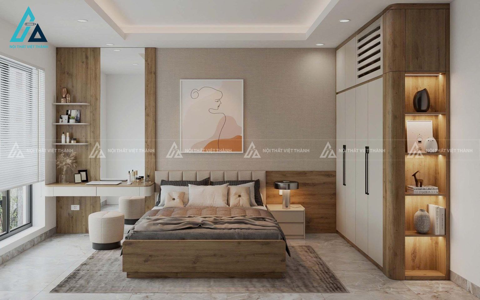 Combo phòng ngủ biệt thự hiện đại tích hợp bàn trang điểm và tủ quần áo 3