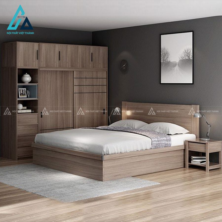 Combo phòng ngủ gỗ hiện đại tích hợp giường hộp và tủ quần áo cánh lùa