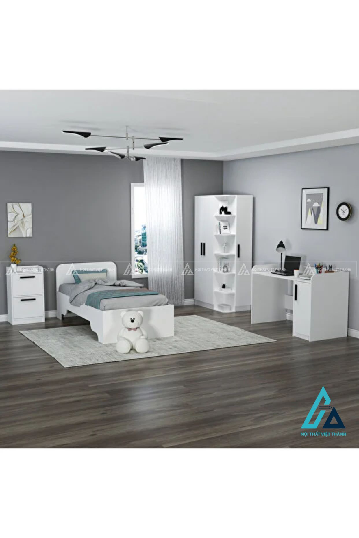 Combo phòng ngủ gỗ thiết kế kệ góc trang trí kết hợp bàn tiện lợi 5