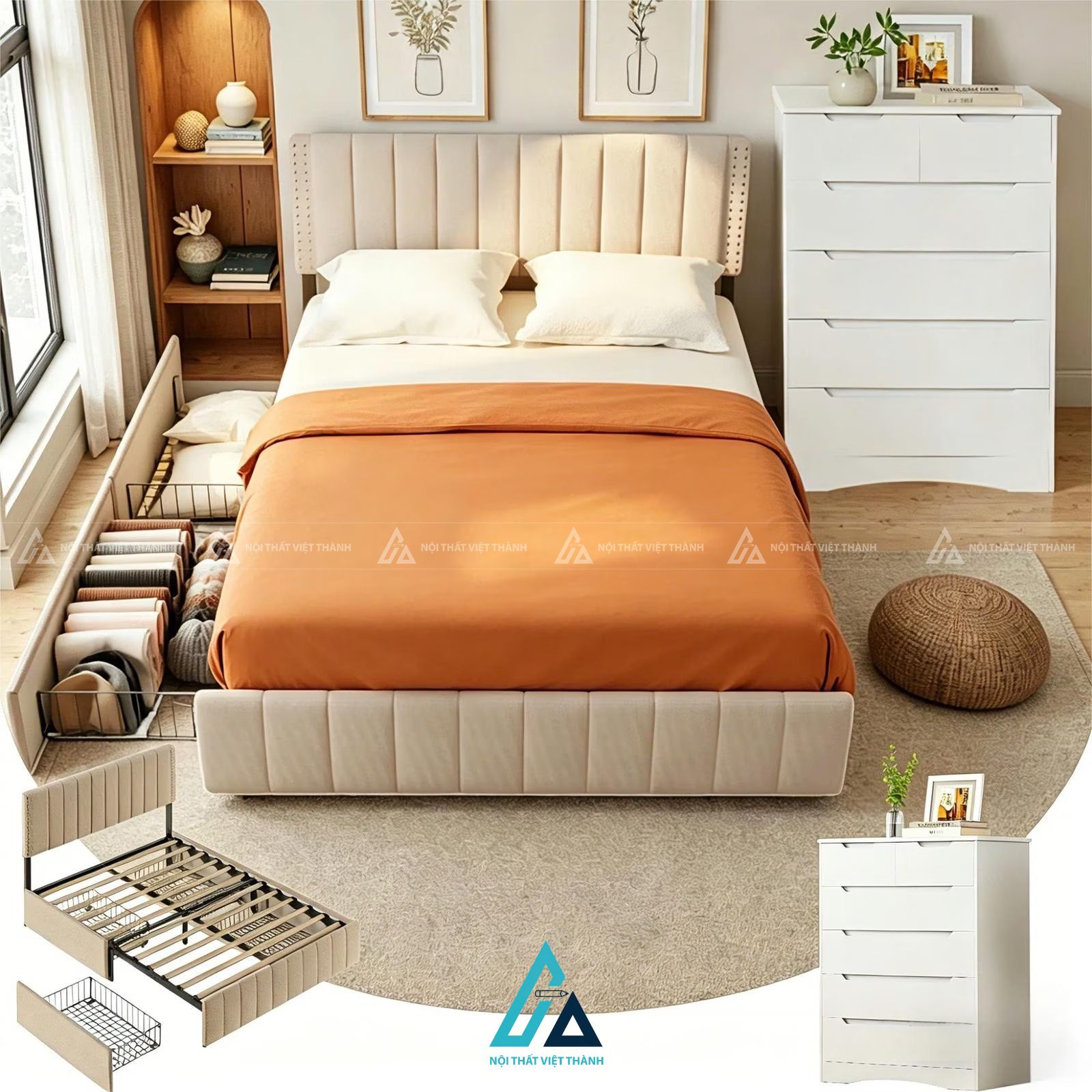 Combo nội thất phòng ngủ đa năng tích hợp hệ tủ kệ lưu trữ thông minh