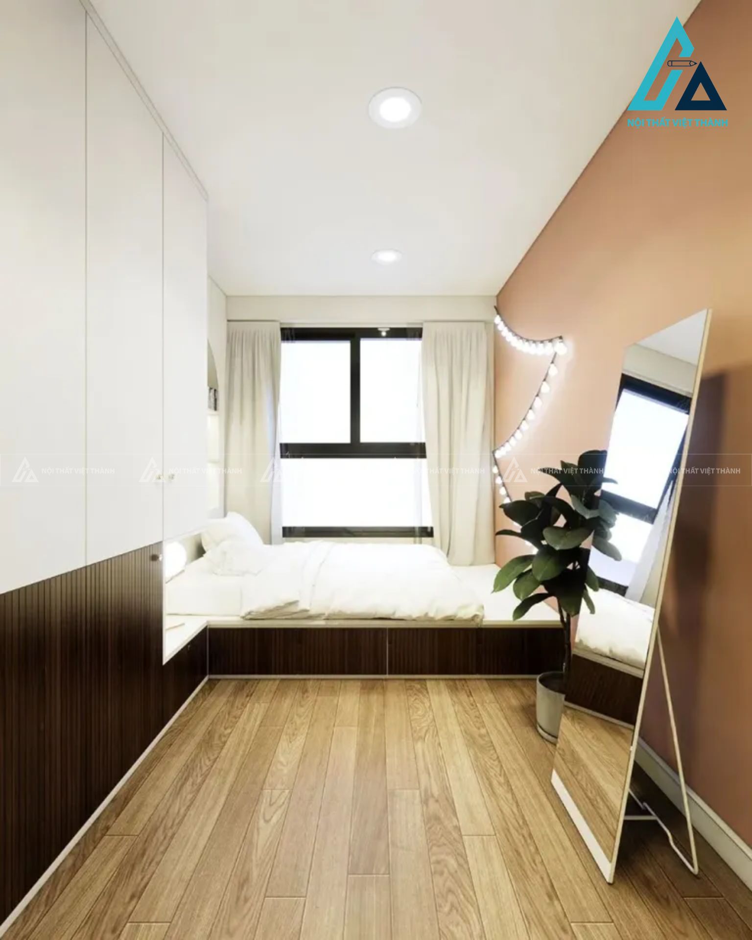 Combo phòng ngủ đương đại tích hợp giường dạng phản và kệ sách vòm 4