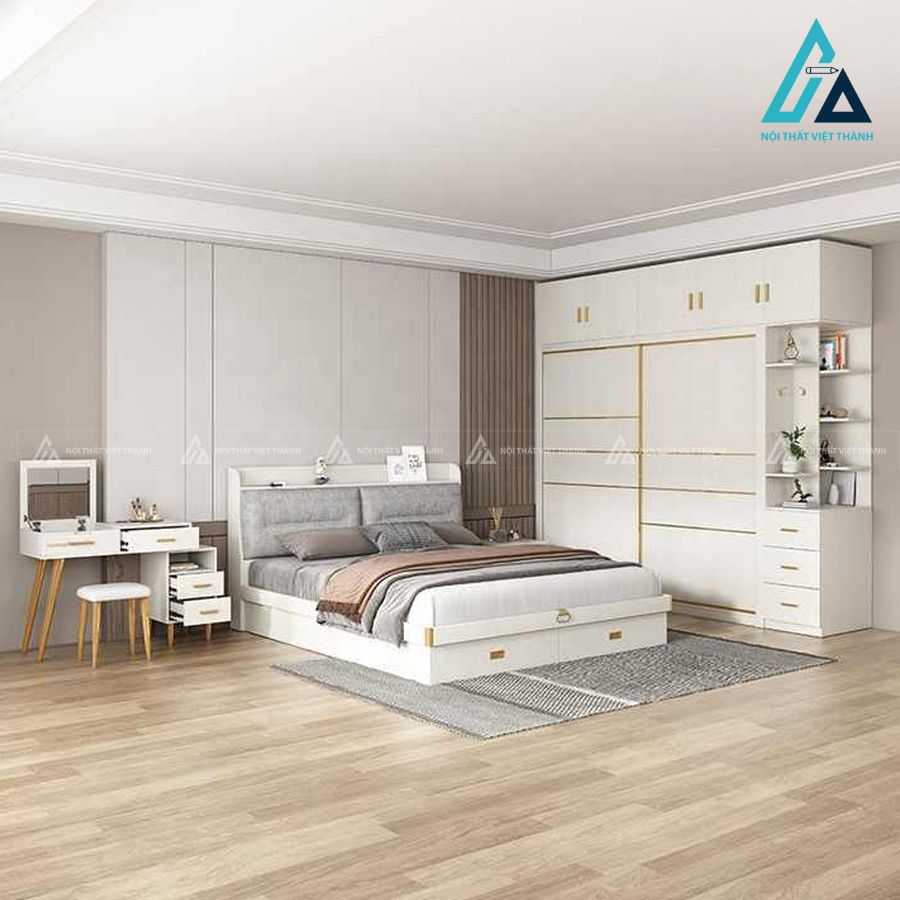 Combo phòng ngủ gỗ hiện đại tích hợp giường có hộc kéo và tủ kịch trần 4