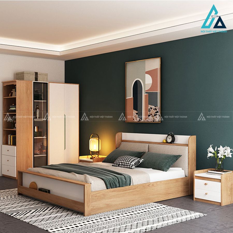 Combo phòng ngủ gỗ hiện đại tích hợp giường có kệ đuôi và tủ cánh kính
