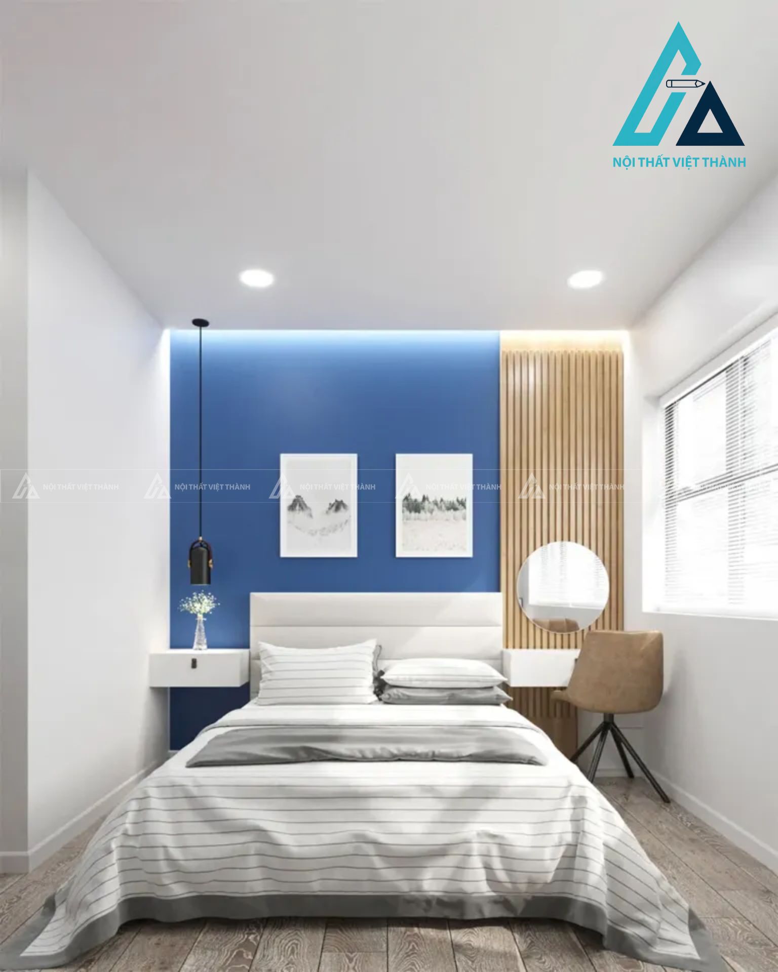 Combo phòng ngủ hiện đại tông trắng xanh tích hợp bàn trang điểm treo tường