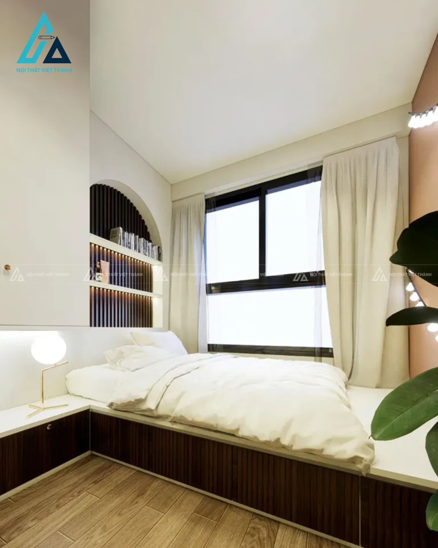 Combo phòng ngủ đương đại tích hợp giường dạng phản và kệ sách vòm 5