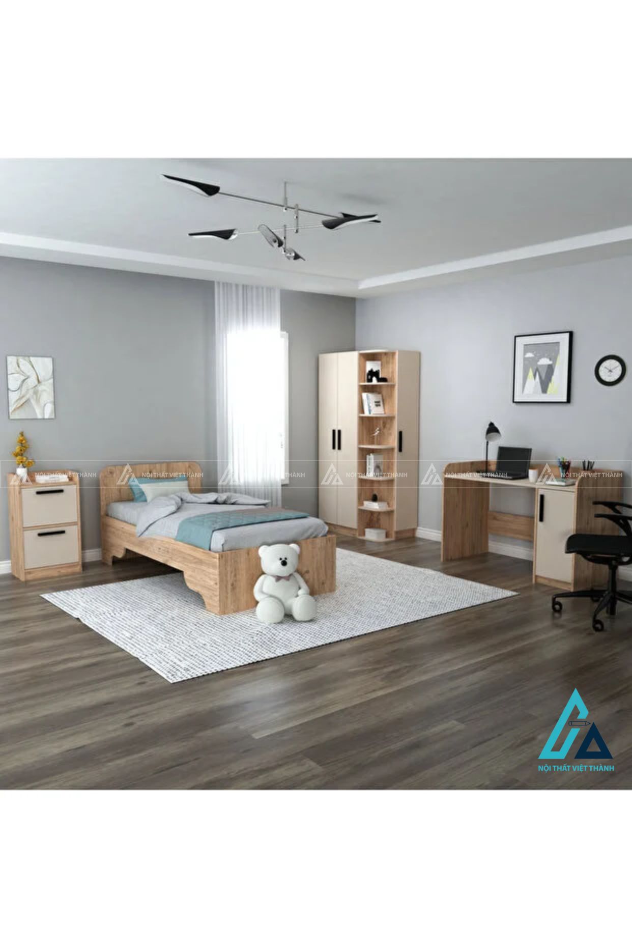 Combo phòng ngủ gỗ thiết kế kệ góc trang trí kết hợp bàn tiện lợi