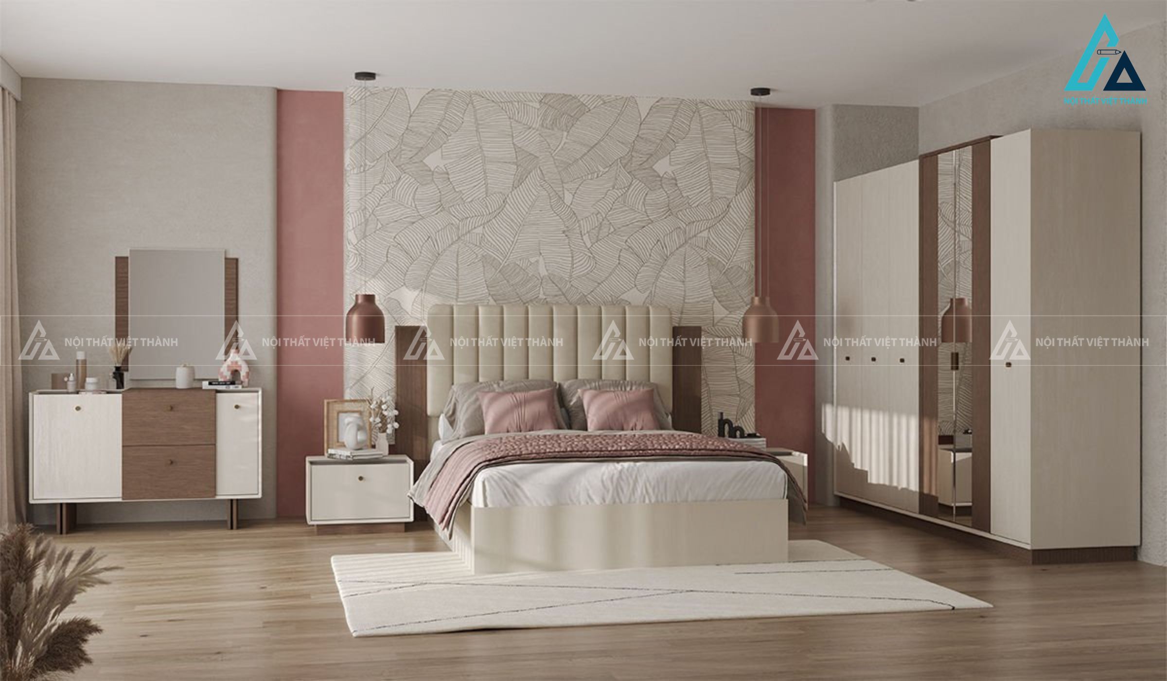Combo phòng ngủ giường đầu nệm múi dọc tủ áo cánh gương và tủ trang trí