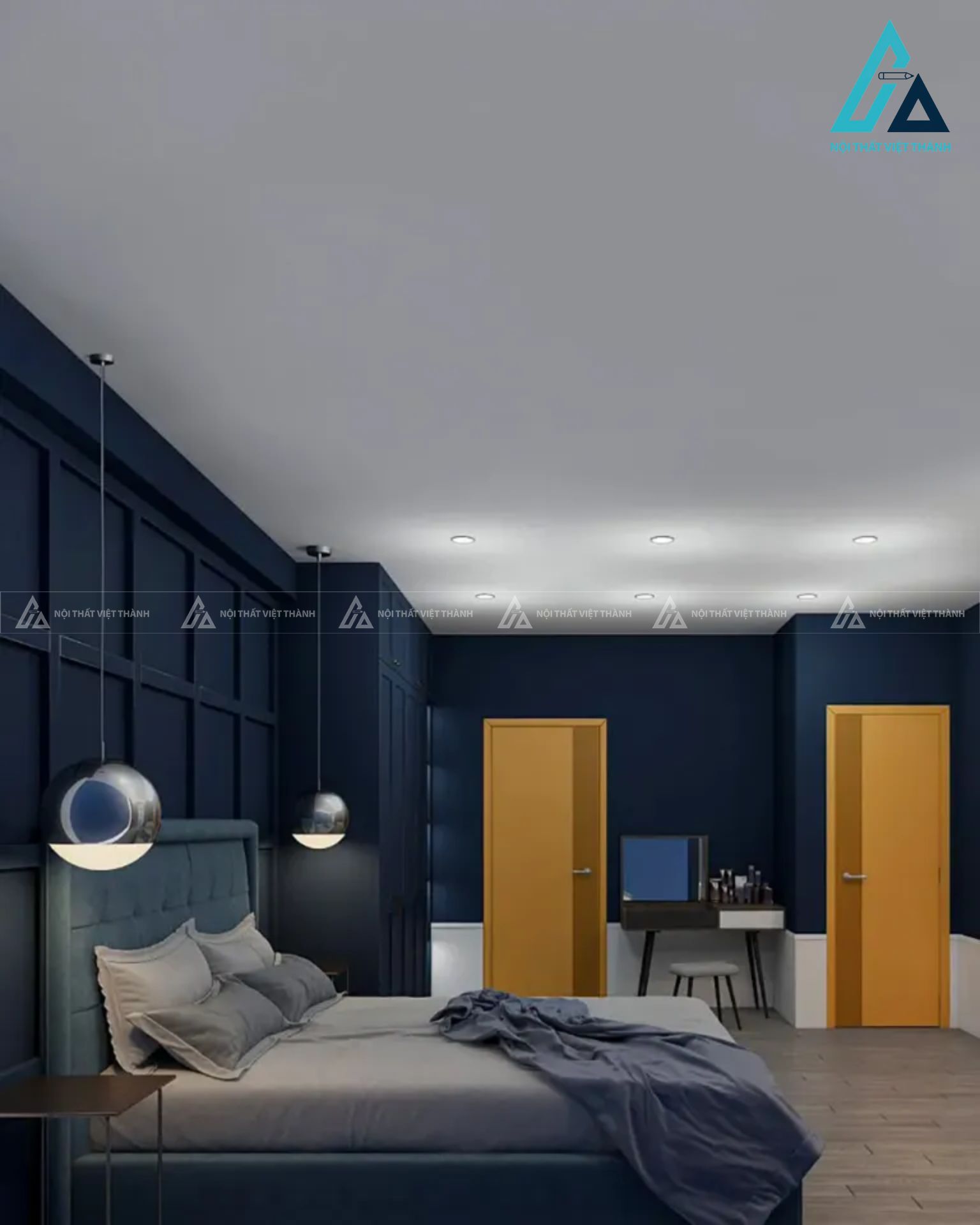 Combo phòng ngủ tối giản tích hợp giường bọc nệm và bàn trang điểm nhỏ