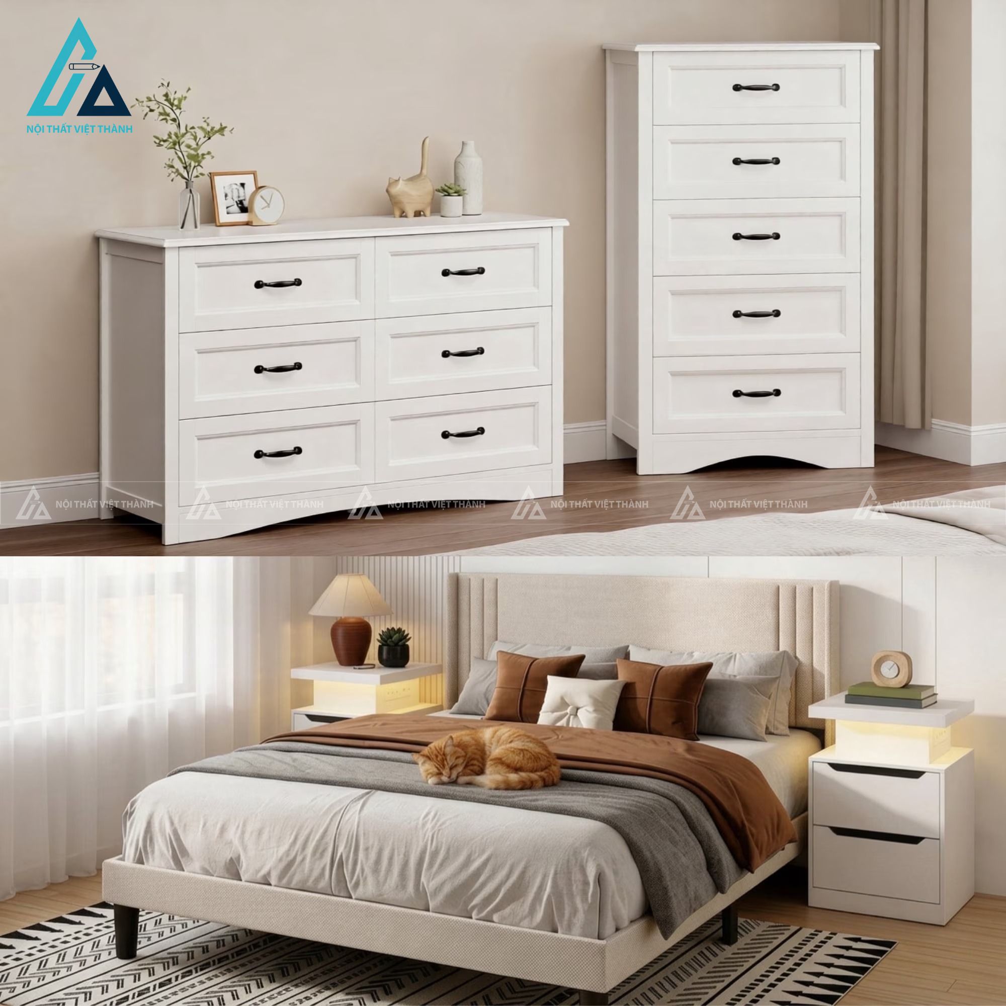 Combo nội thất phòng ngủ hiện đại tích hợp hệ tủ ngăn kéo lưu trữ lớn