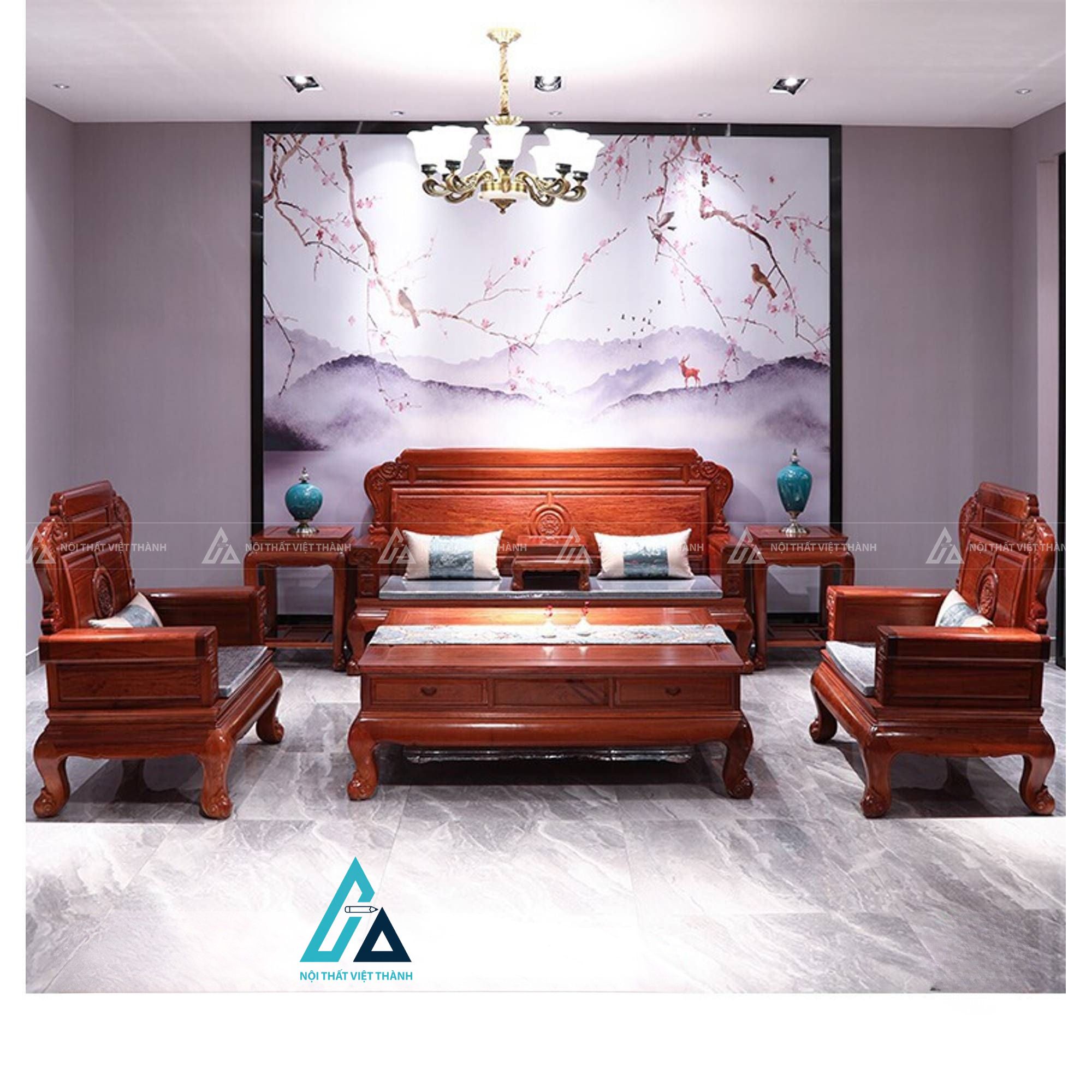 Bộ salon gỗ tay hộp thiết kế hiện đại cho phòng khách sang