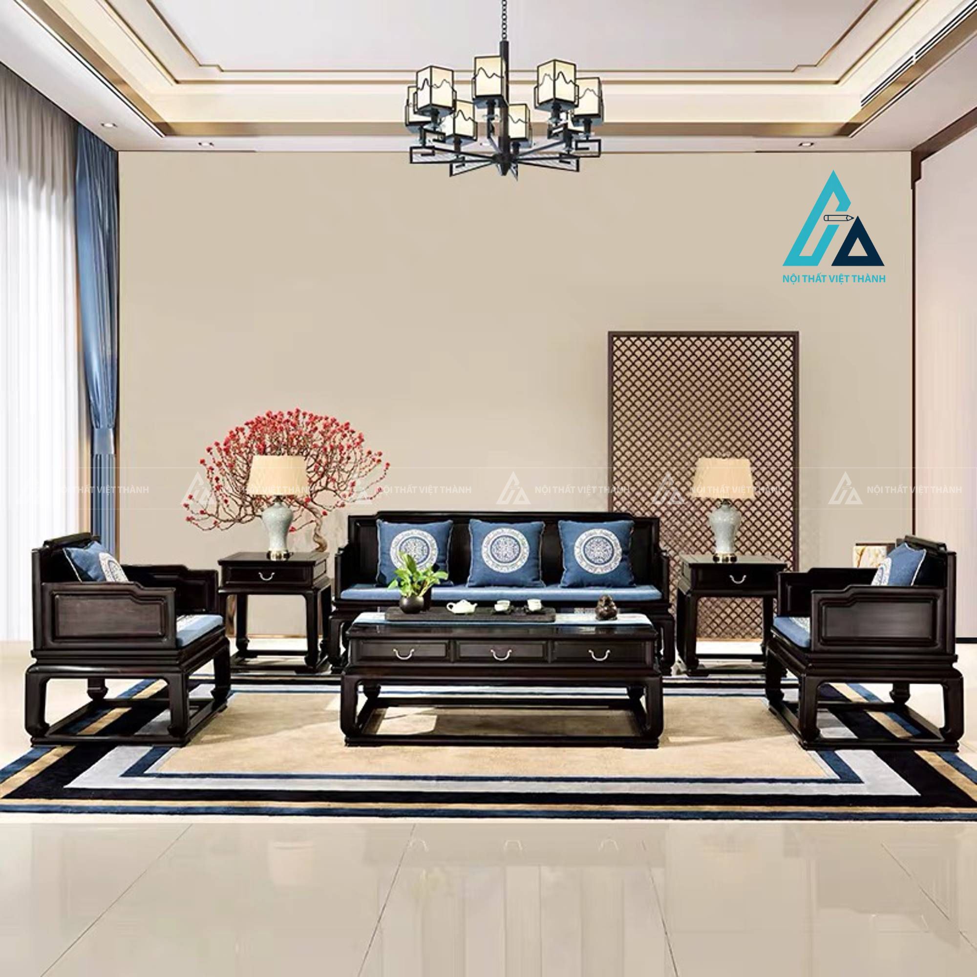Bộ salon gỗ phối đệm xanh tinh tế cho không gian tiếp khách