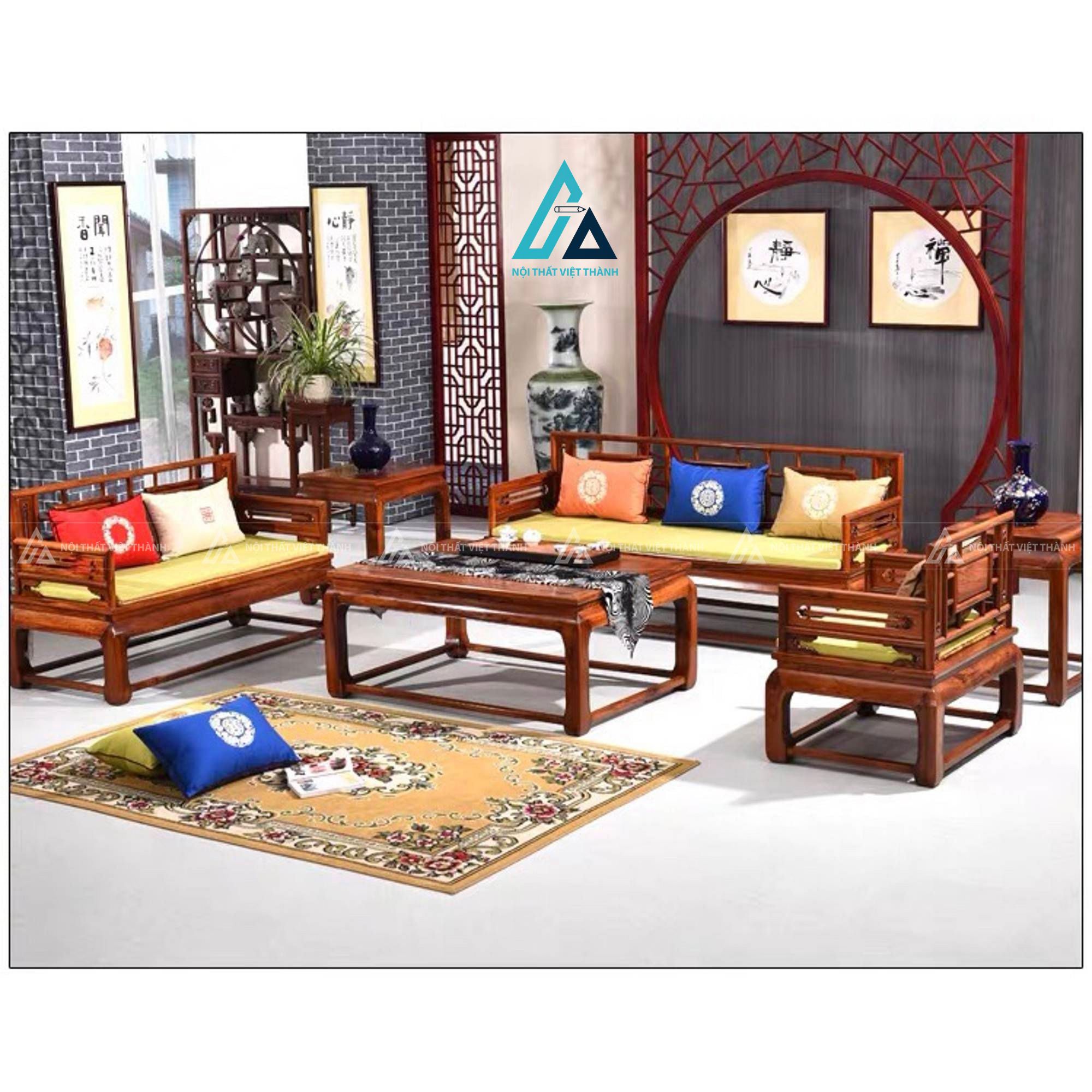 Bộ salon gỗ thiết kế chạm trổ tinh tế cho phòng khách sang trọng