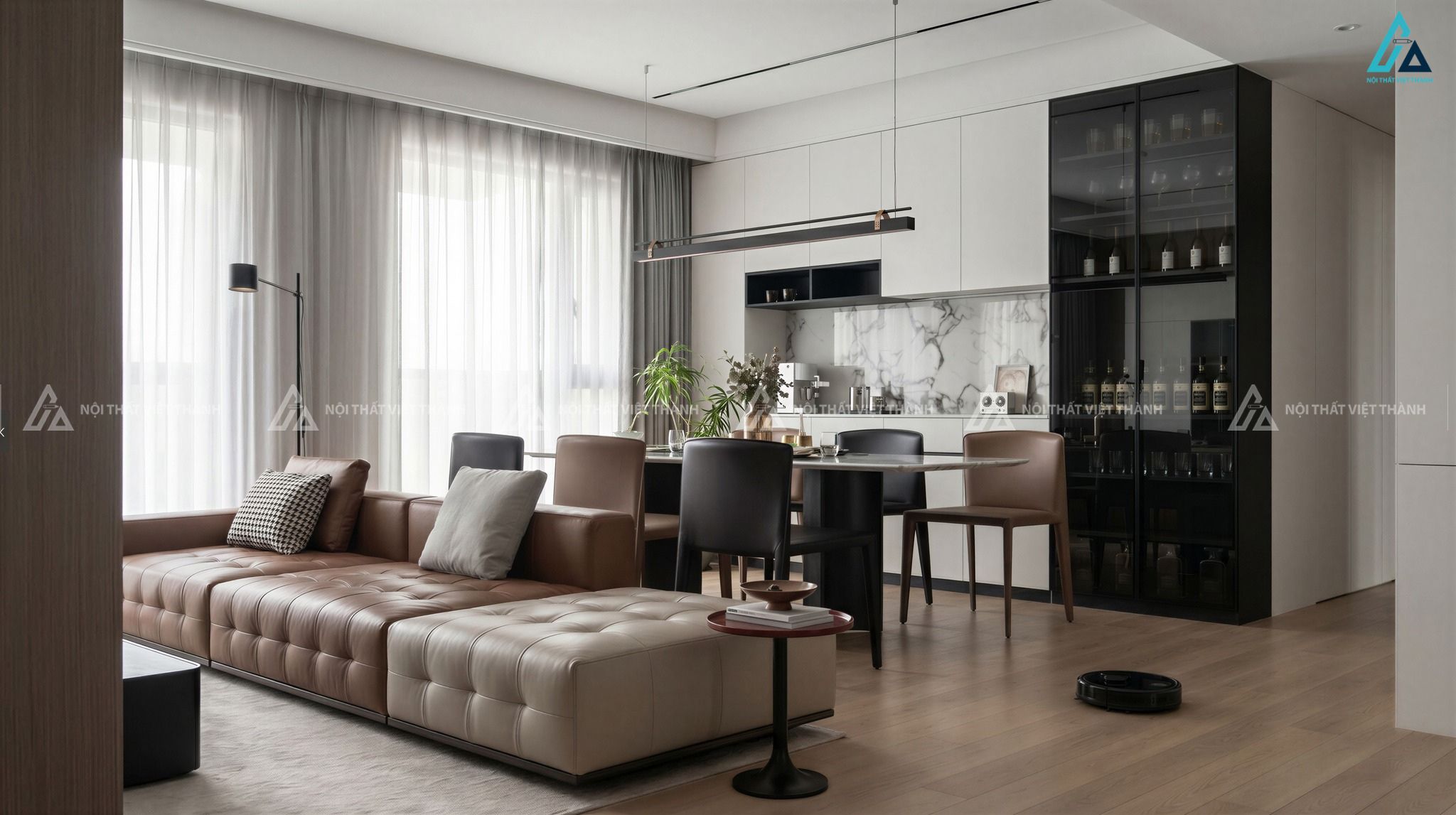 Mẫu sofa da nâu be hài hoà, sang trọng