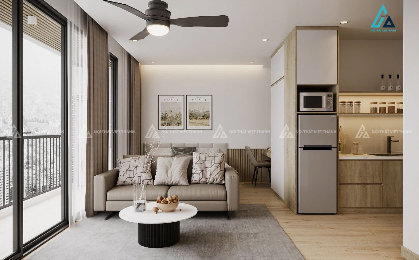 Mẫu sofa da be xám dạng băng dài