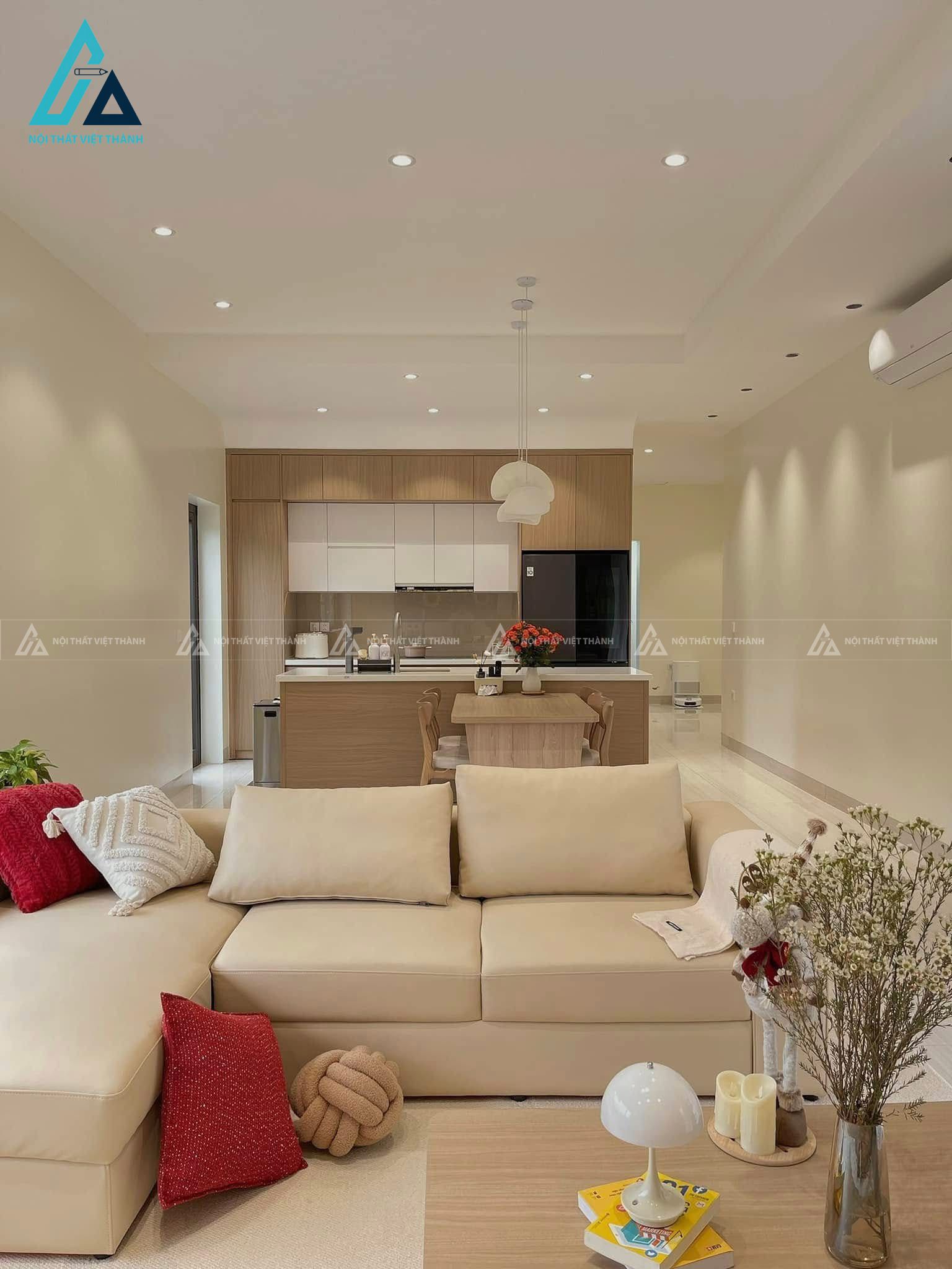 Mẫu sofa da trắng chữ L rộng rãi, êm ái