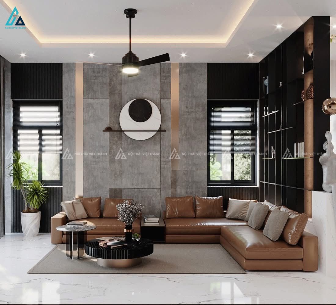 Mẫu sofa da chữ L nâu sang trọng, ấm cúng