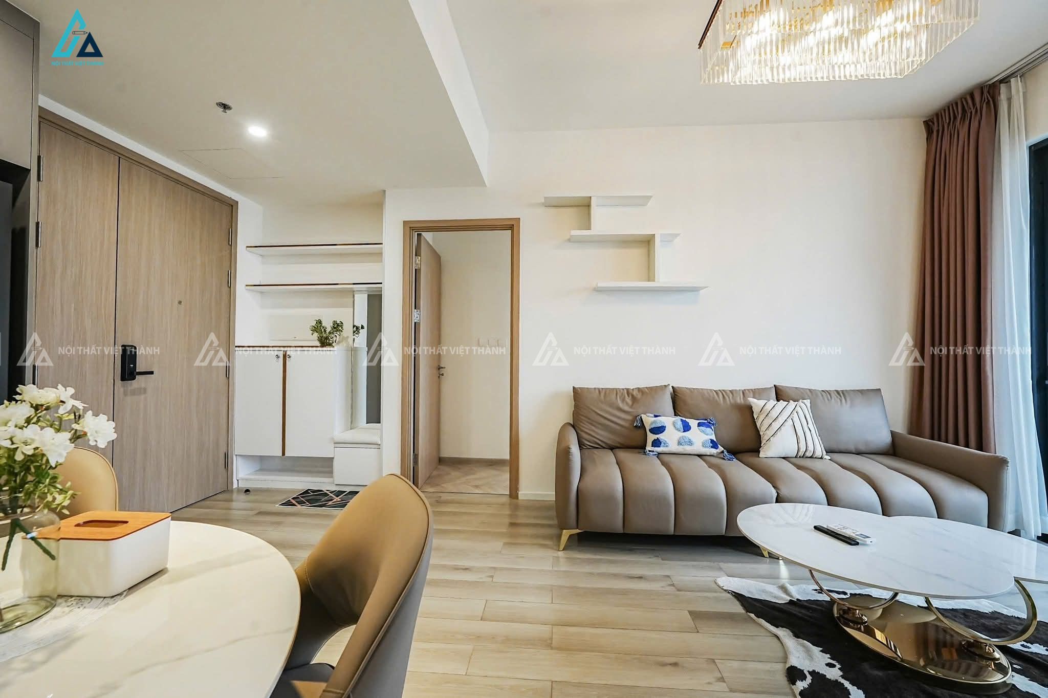 Mẫu sofa da xám be tối giản, gọn gàng